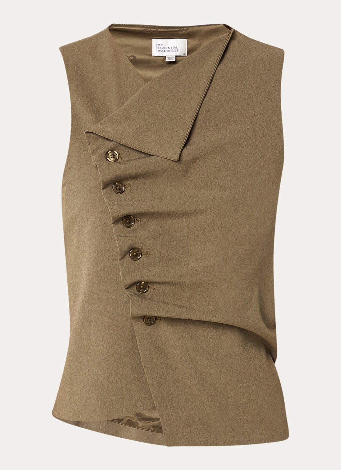 My Essential Wardrobe Hace gilet met asymmetrische hals en plooidetail - voorkant olijfgroen