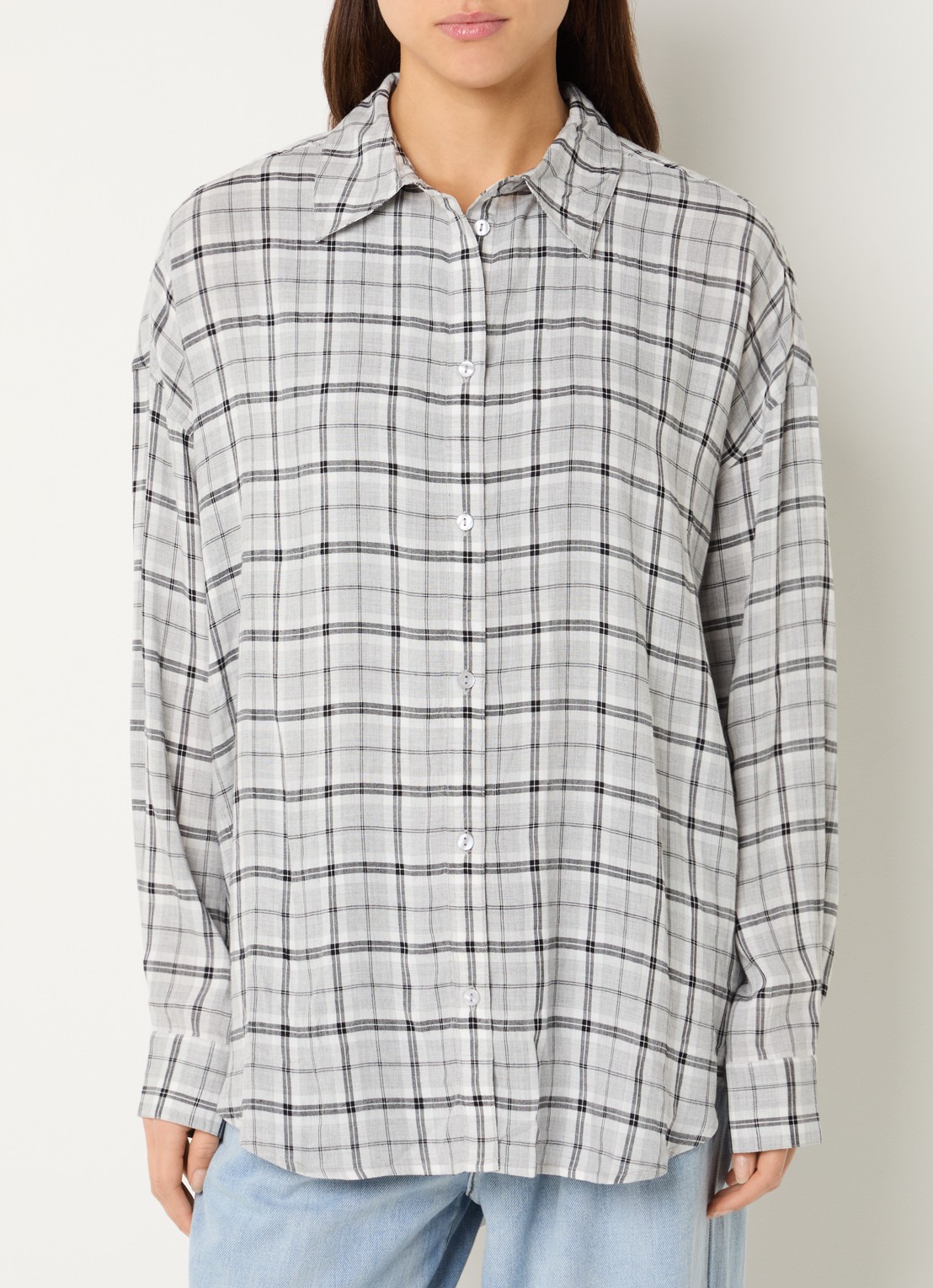 My Essential Wardrobe Iris blouse met ruitdessin - detail 3 lichtgrijs
