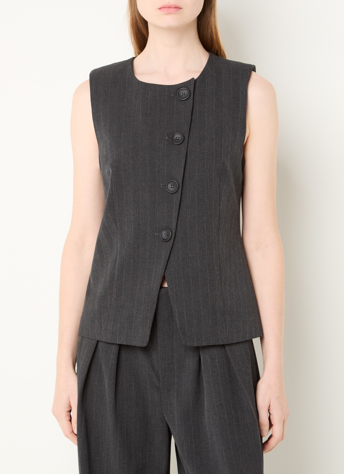 My Essential Wardrobe Luna gilet met krijtstreep en asymmetrisch detail - detail 3 donkergrijs
