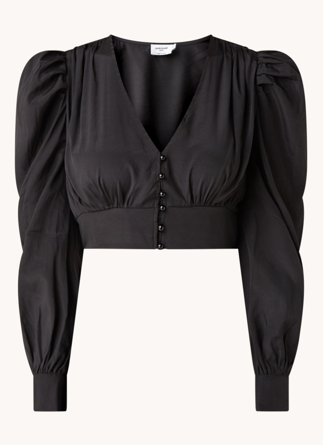 NA-KD Cropped blouse van satijn met ballonmouw - voorkant 2 zwart
