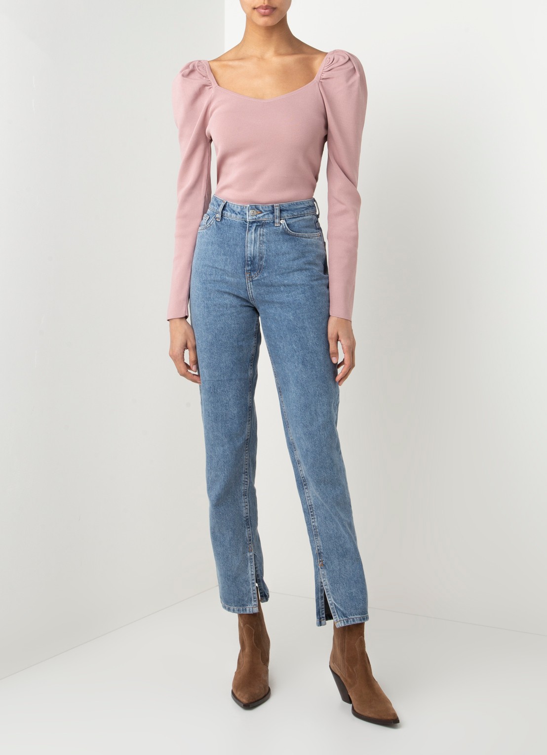 NA-KD High waist straight leg jeans met splitten - voorkant 4 indigo