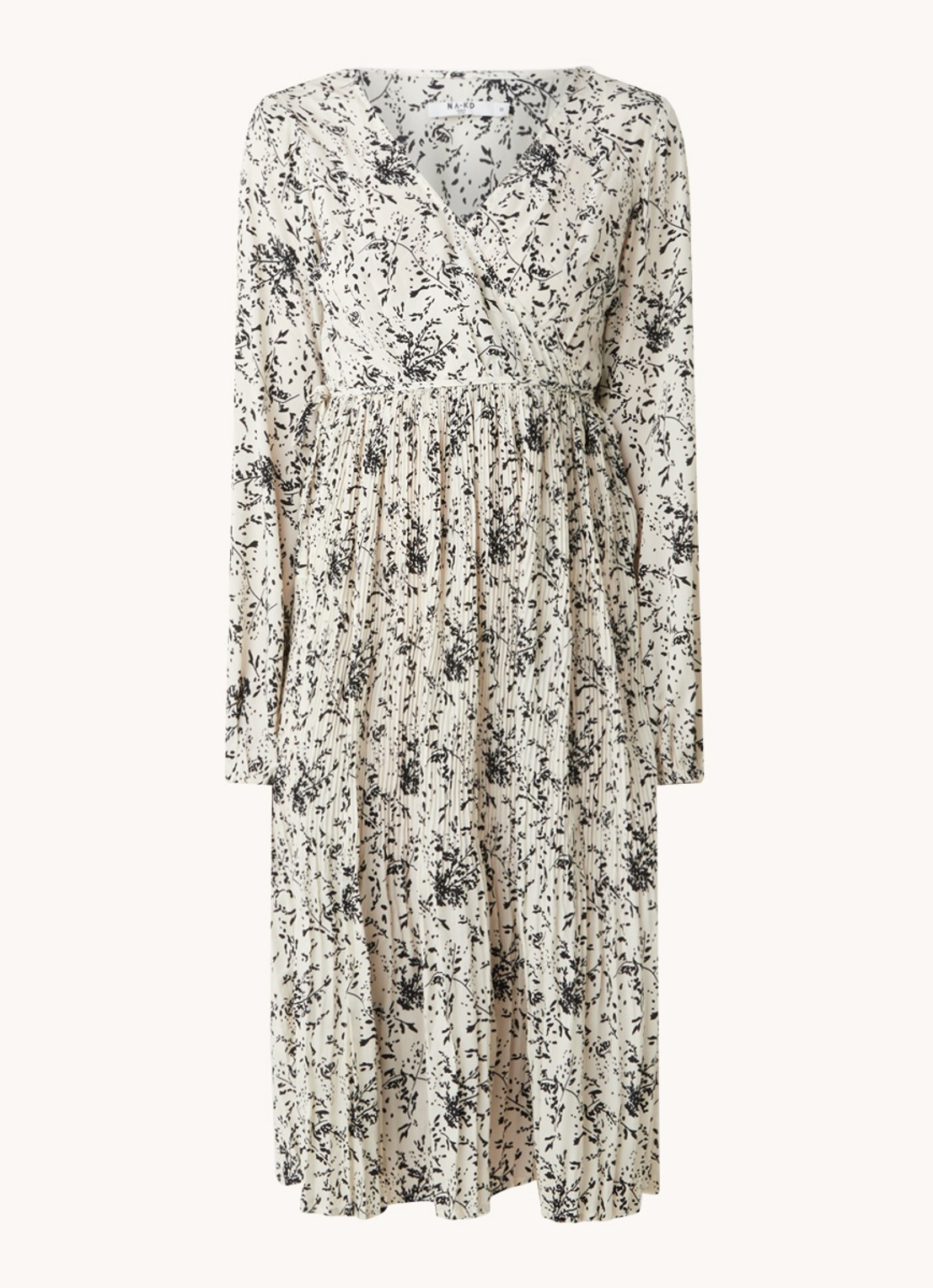 NA-KD Midi jurk met plissé en bloemenprint - voorkant 2 gebroken wit