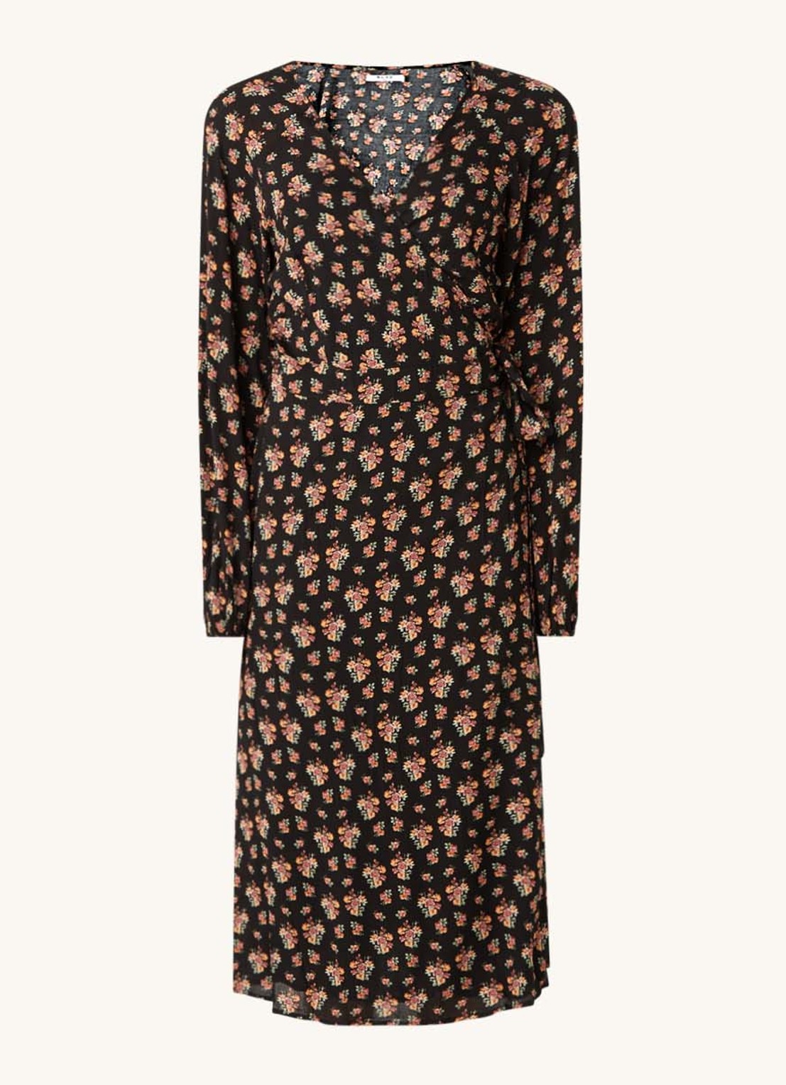 NA-KD Midi wikkeljurk met bloemenprint - voorkant 2 zwart