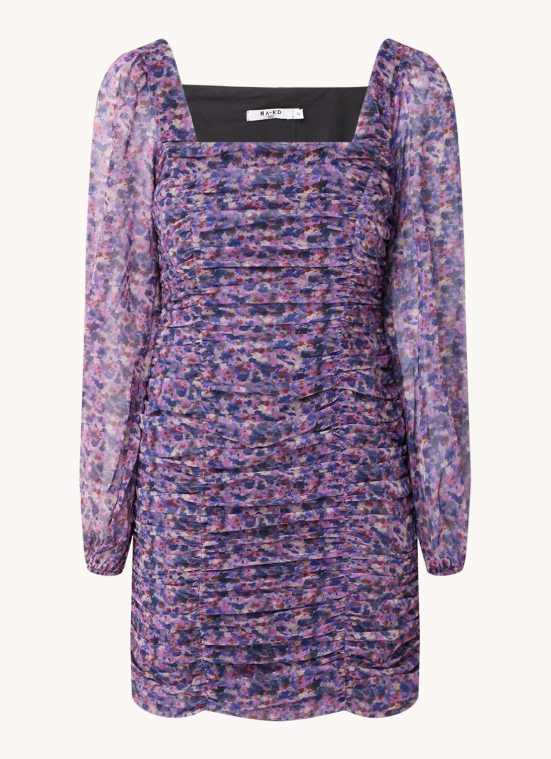 NA-KD Mini jurk met smockwerk en bloemenprint - voorkant 3 paars