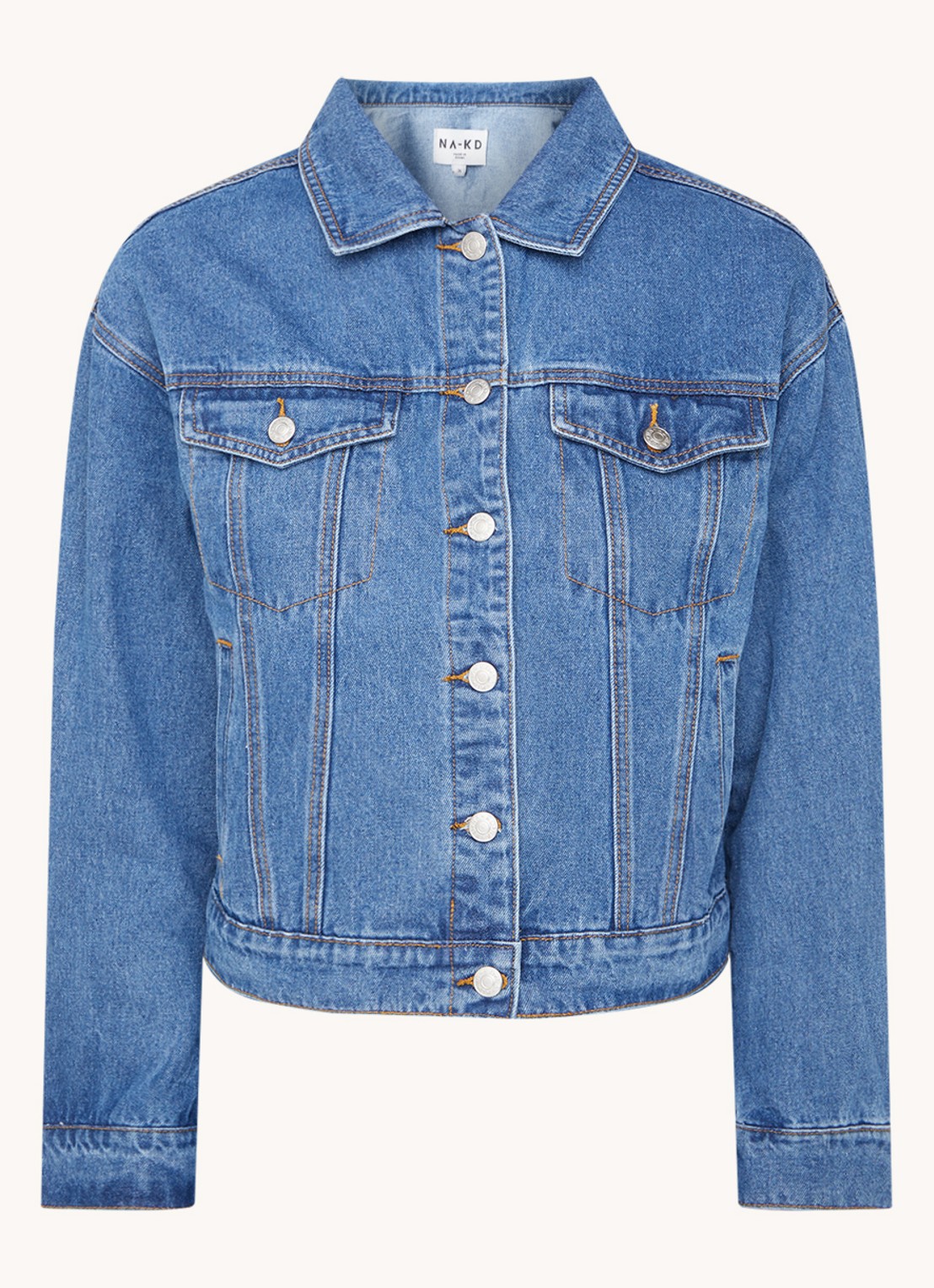 NA-KD Spijkerjas met steekzakken - voorkant indigo