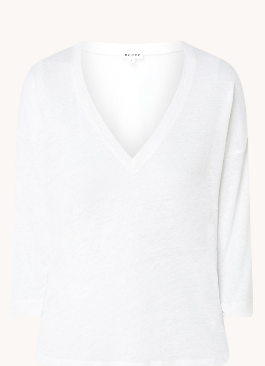 Neeve T-shirt van linnen met driekwart mouw en V-hals - voorkant 3 wit