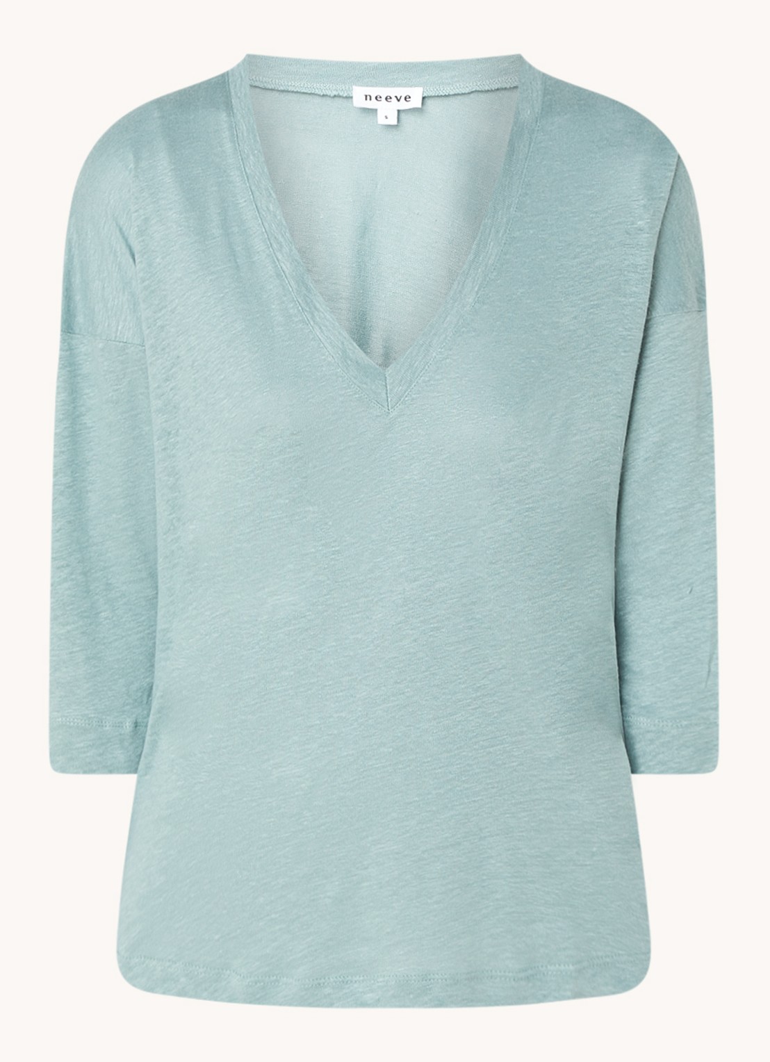 Neeve T-shirt van linnen met driekwart mouw en V-hals - voorkant 2 mint