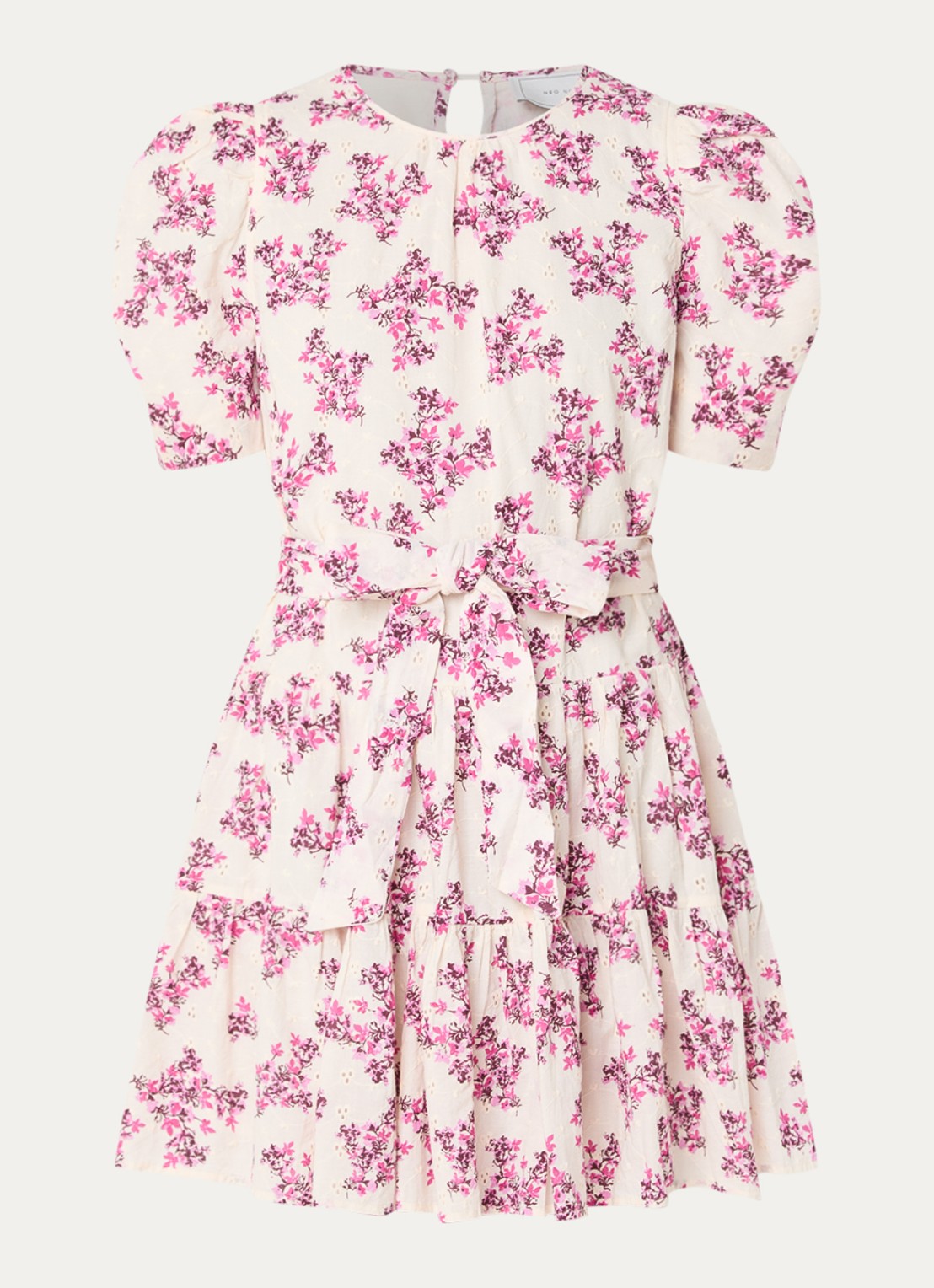 Neo Noir Annitas Starling mini jurk met bloemenprint en pofmouw - voorkant fuchsia