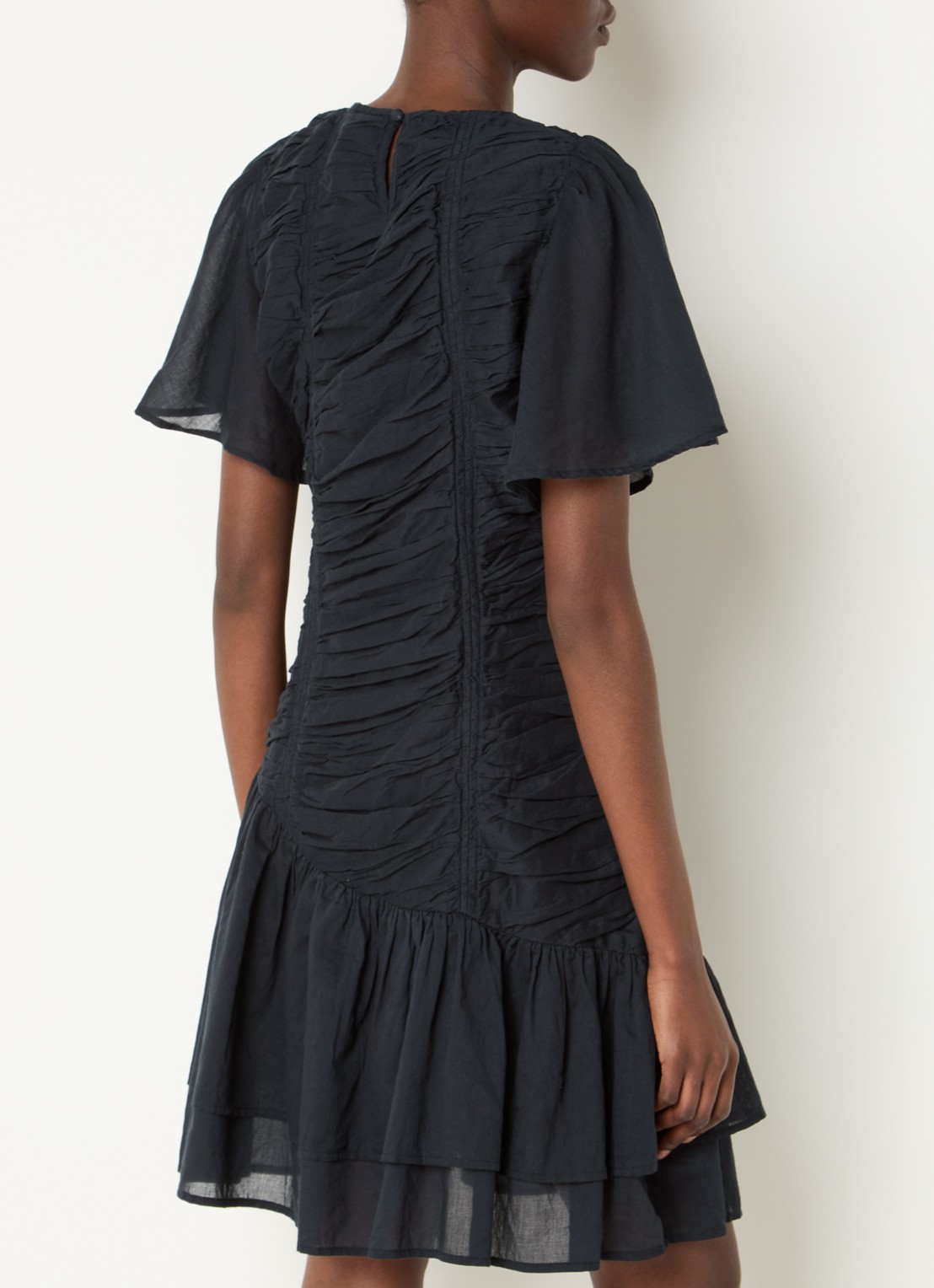 Neo Noir Circle S mini jurk met ruches en vlindermouw - achterkant donkerblauw