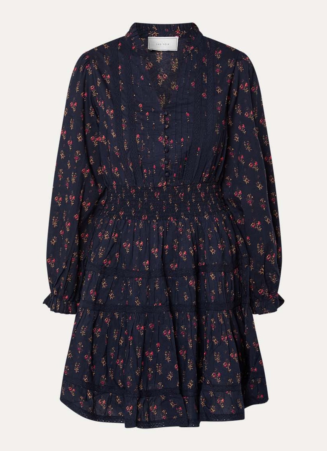 Neo Noir Cornell mini tuniekjurk met bloemenprint en smockwerk - voorkant donkerblauw