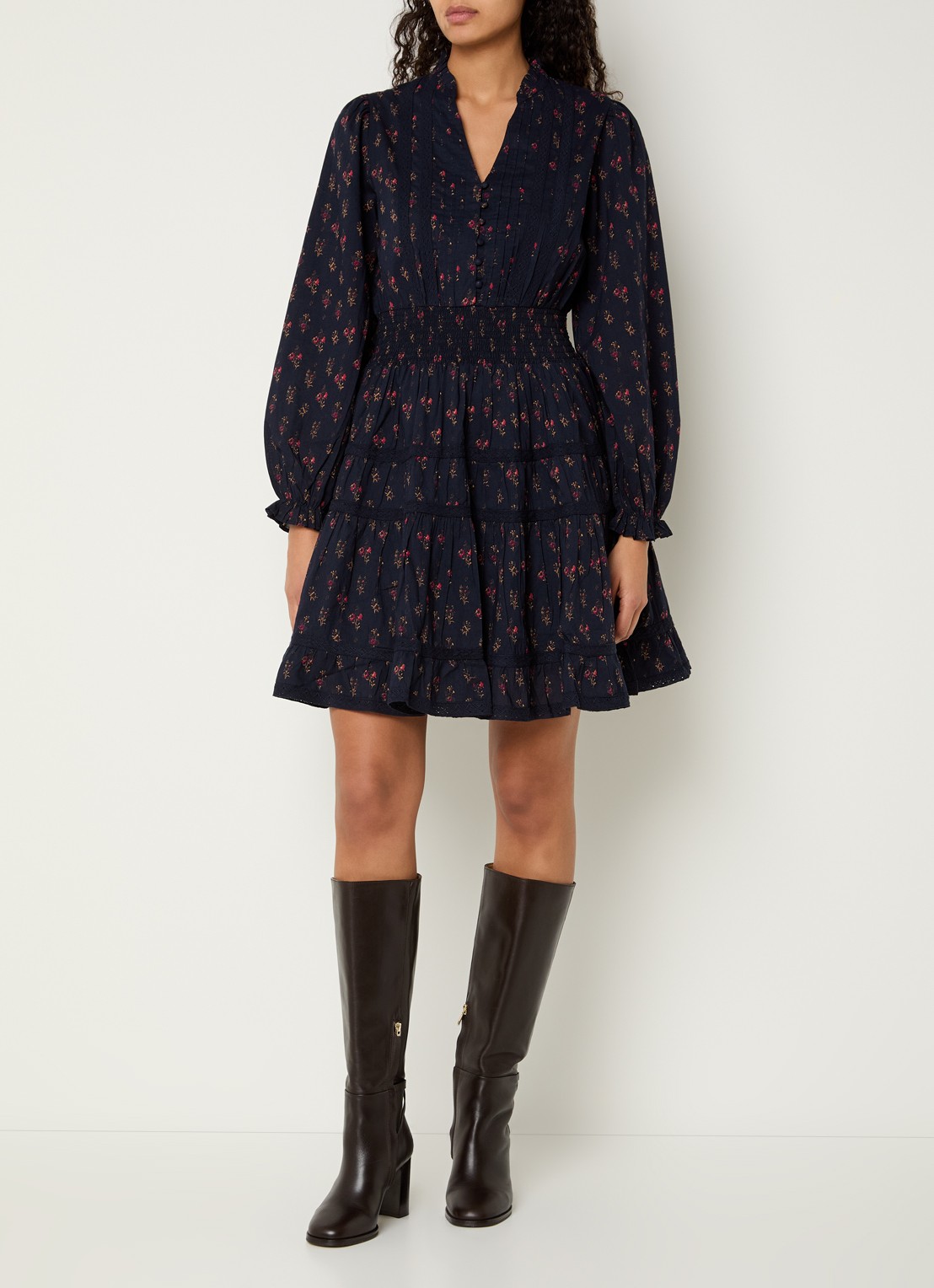 Neo Noir Cornell mini tuniekjurk met bloemenprint en smockwerk - voorkant 2 donkerblauw