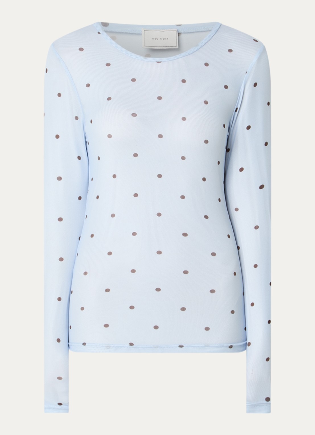 Neo Noir Ella Space semi-transparante top van mesh met stippenprint - voorkant 3 lichtblauw