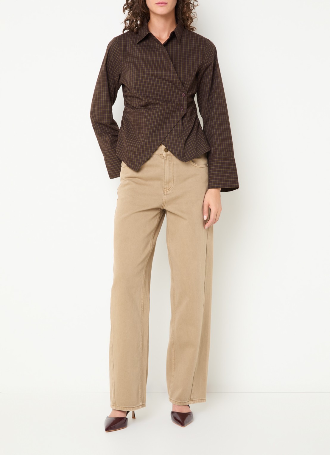 Neo Noir Fenli blouse met ruitdessin en asymmetrisch detail - voorkant 3 aubergine