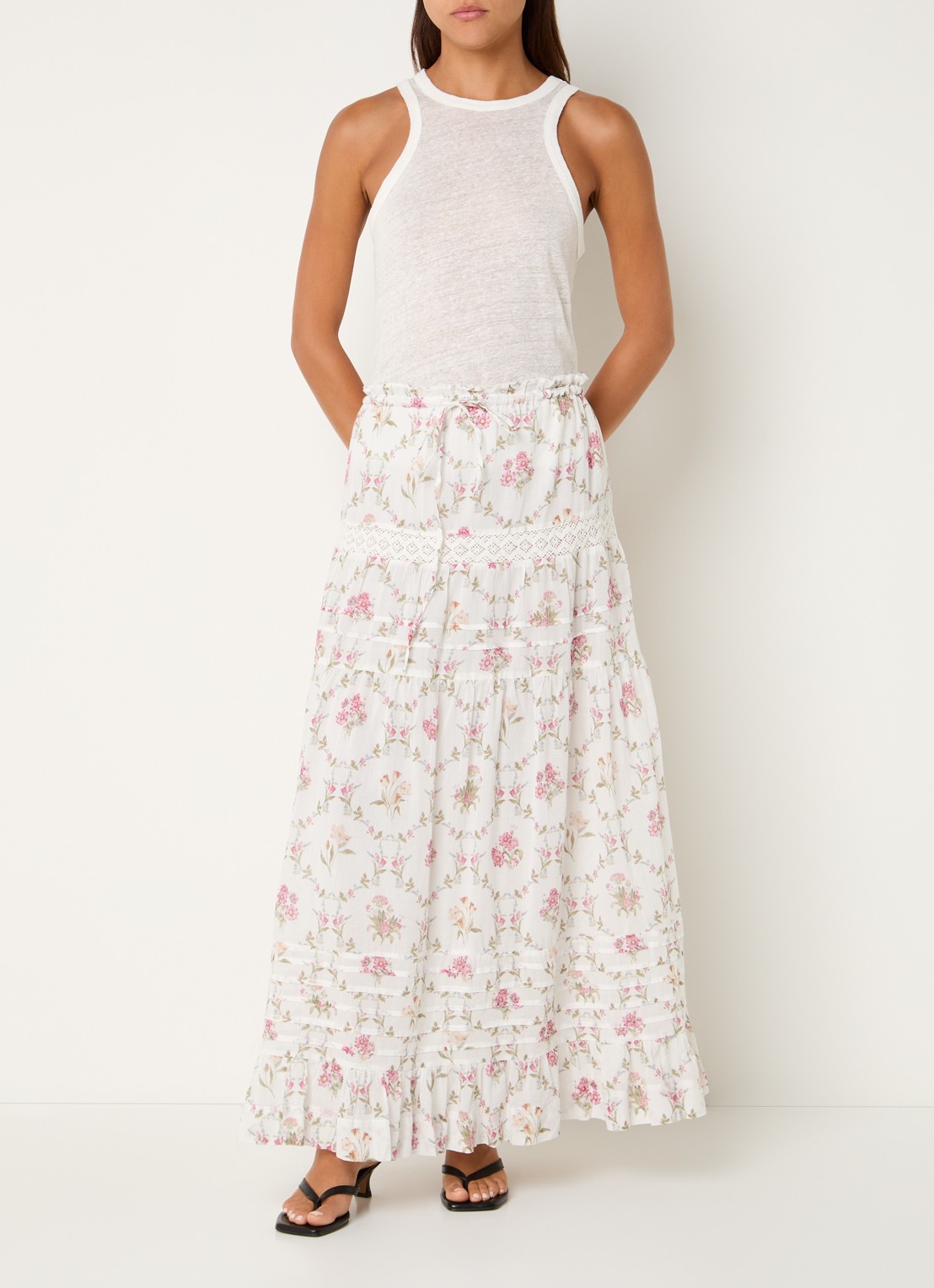 Neo Noir Fippo maxi rok met bloemenprint en details van kant - voorkant 3 wit
