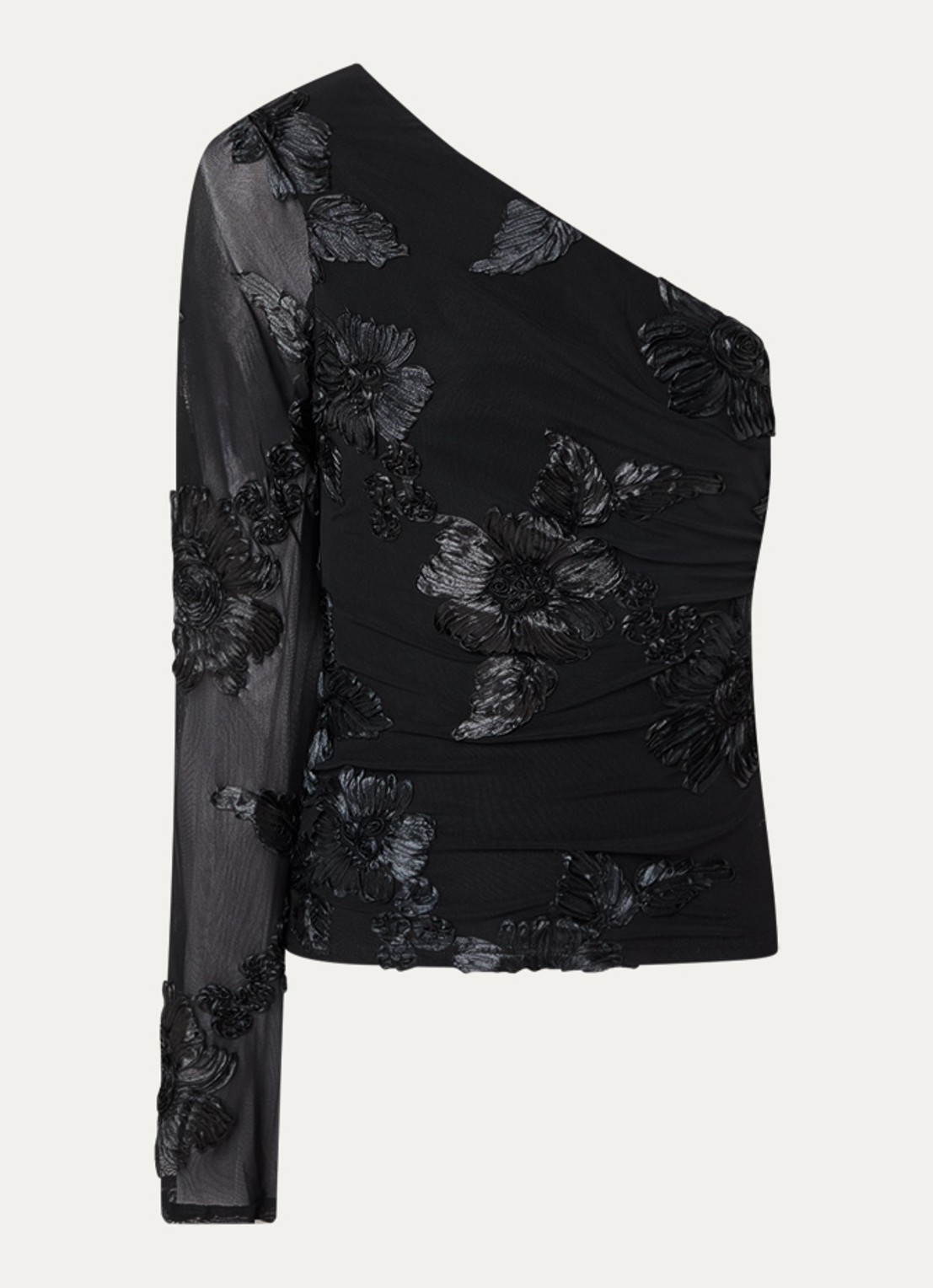 Neo Noir Friana one shoulder top met bloemborduring - voorkant zwart