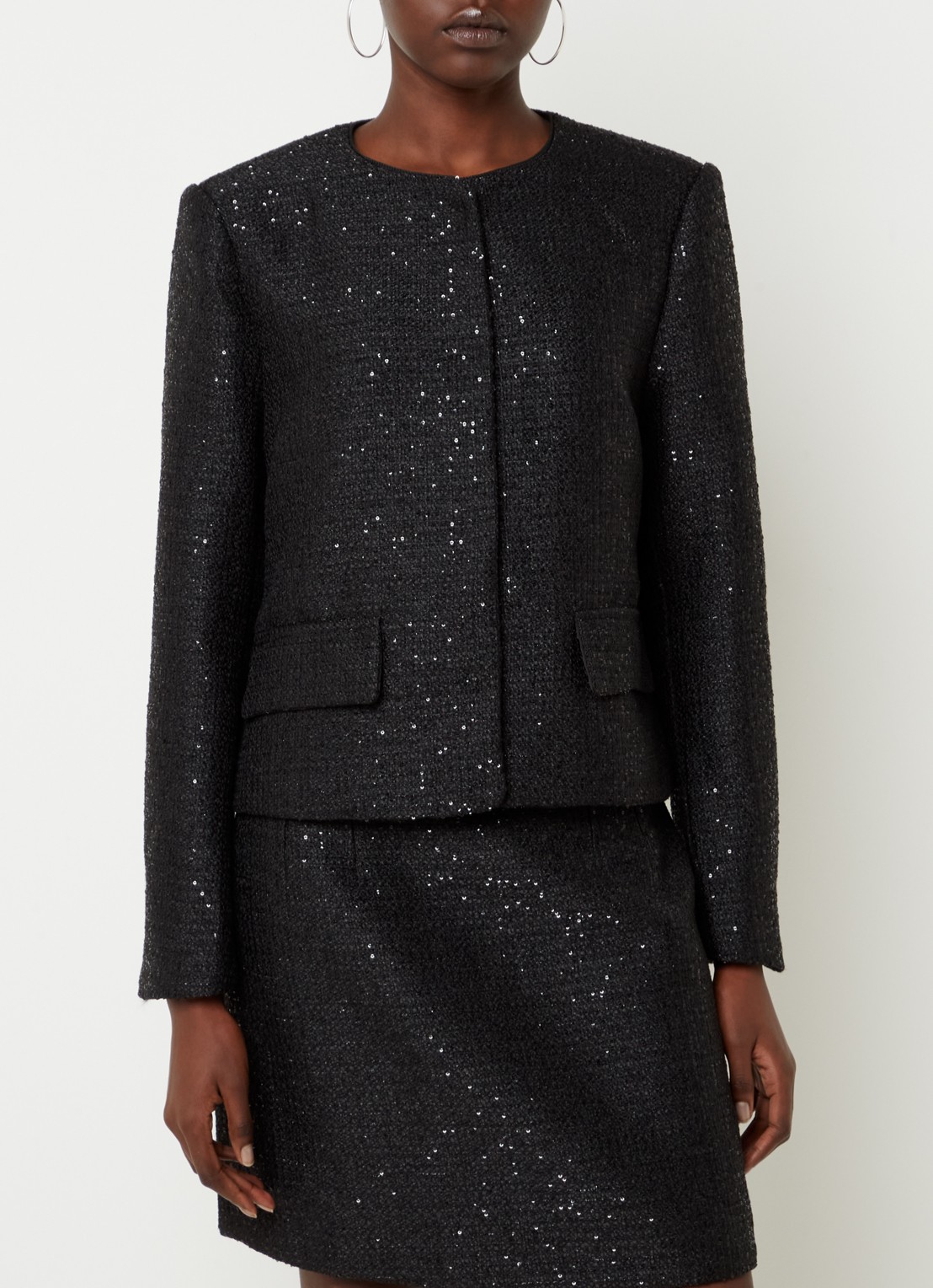 Neo Noir Helina blazer met tweed-look en pailletten - detail 4 zwart