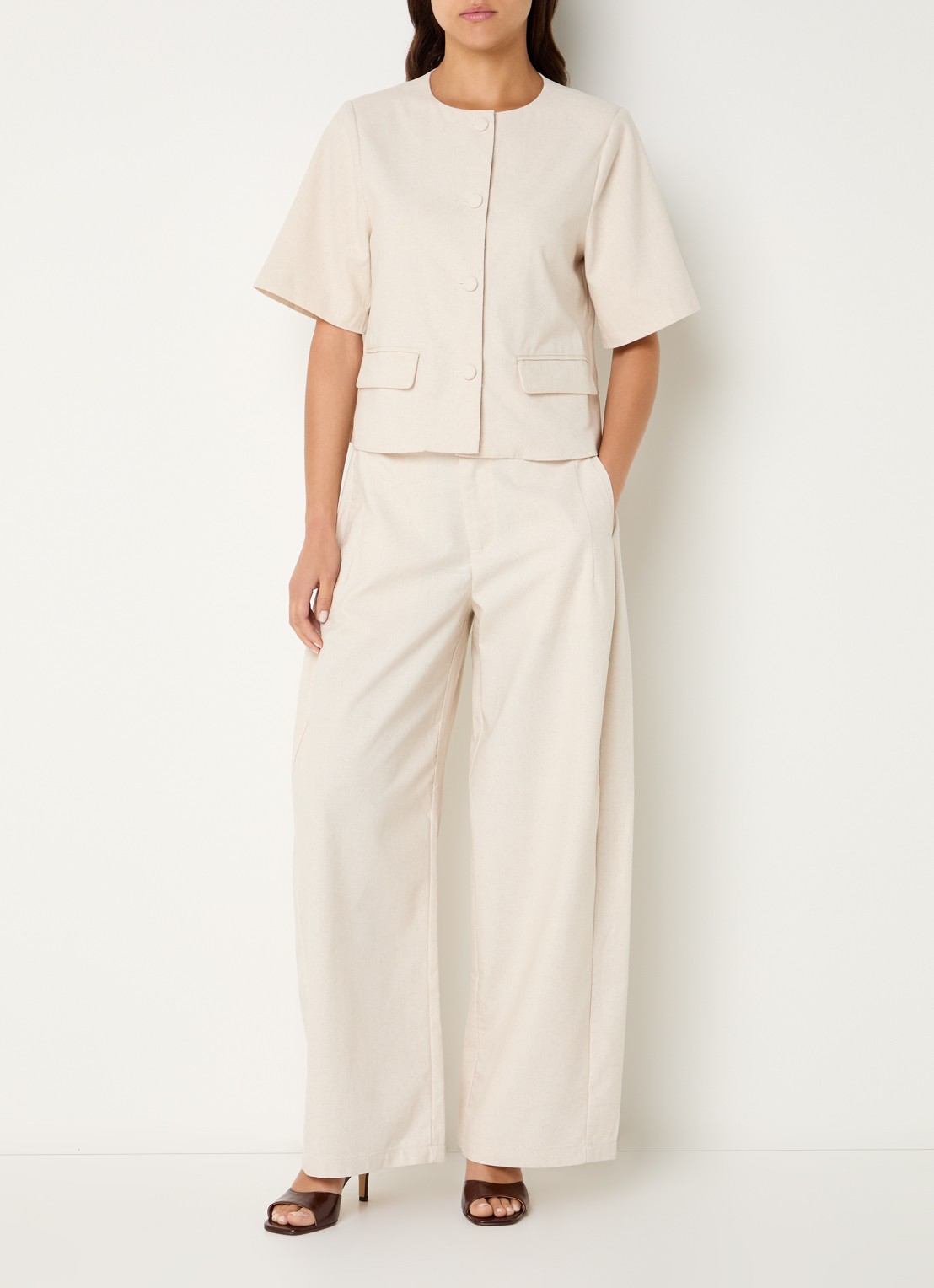 Neo Noir High waist wide fit broek in linnenblend met steekzakken - voorkant 4 gebroken wit