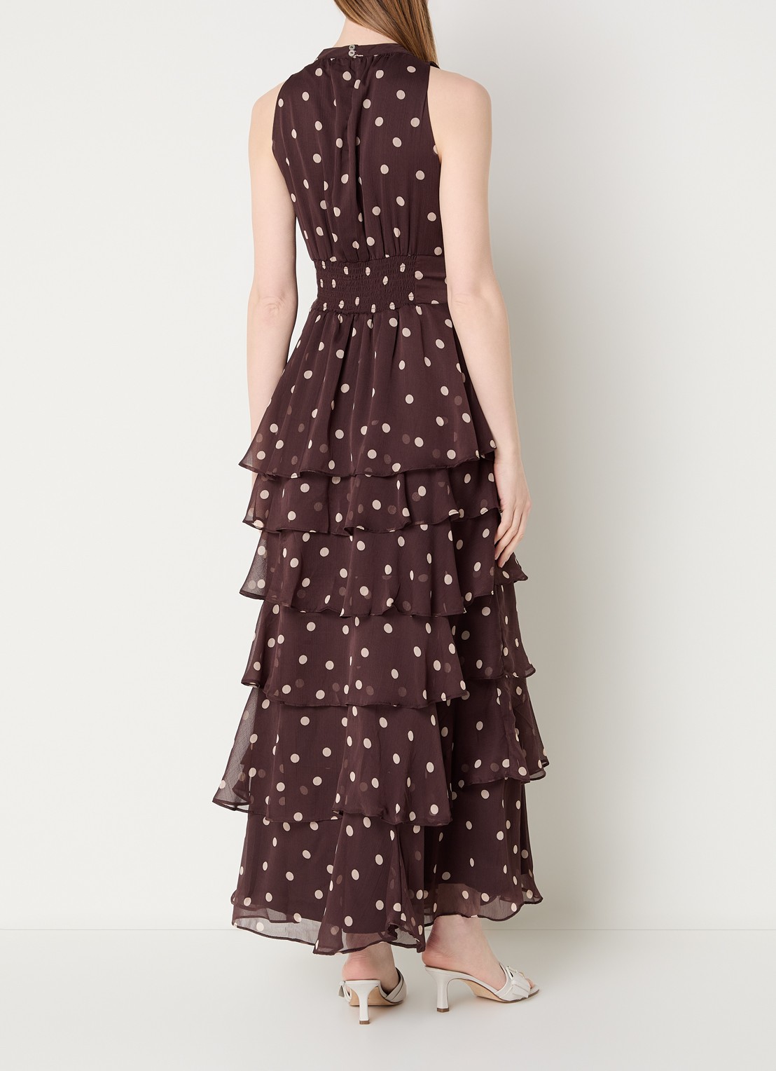 Neo Noir Marli maxi jurk met stippenprint en volants - achterkant 3 donkerbruin