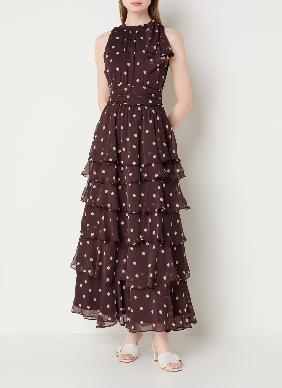 Neo Noir Marli maxi jurk met stippenprint en volants - detail 4 donkerbruin