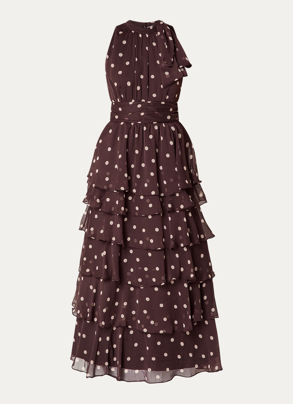 Neo Noir Marli maxi jurk met stippenprint en volants - voorkant donkerbruin