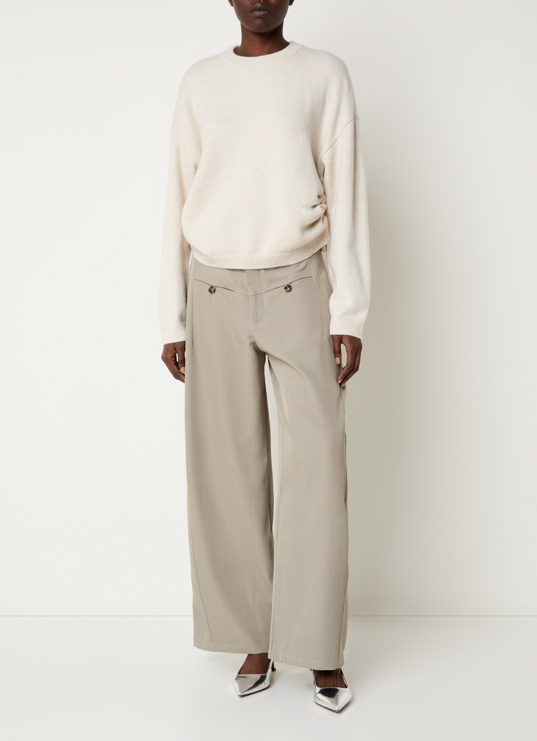 Neo Noir Massie high waist wide fit pantalon met steekzakken - voorkant 2 zand