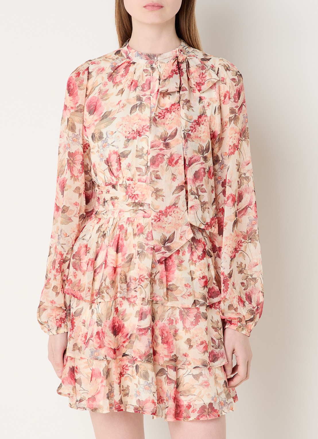 Neo Noir Mio mini jurk met bloemenprint en sjaalkraag - detail creme