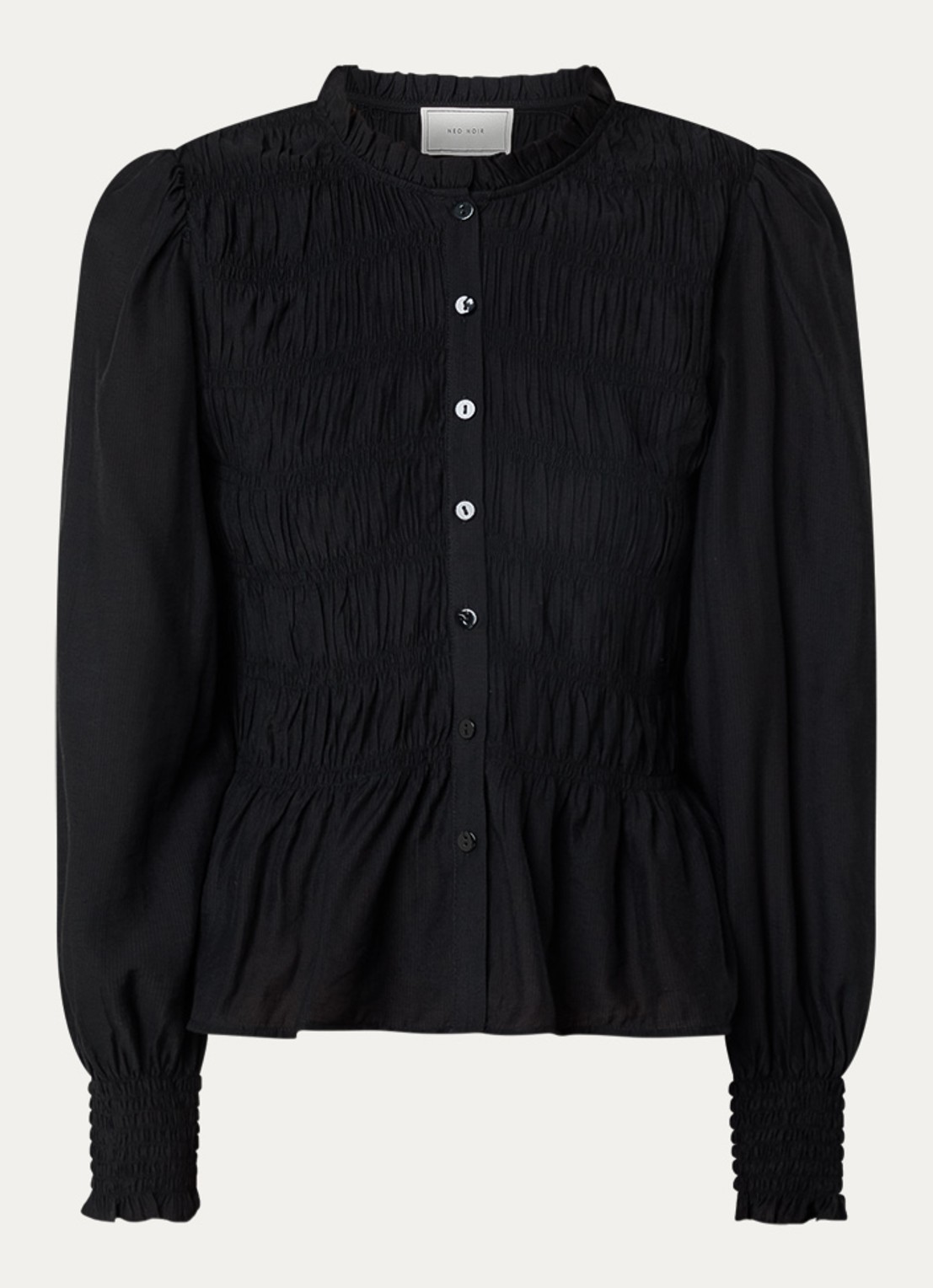 Neo Noir Mocca blouse met smockwerk en ballonmouw - voorkant 3 zwart
