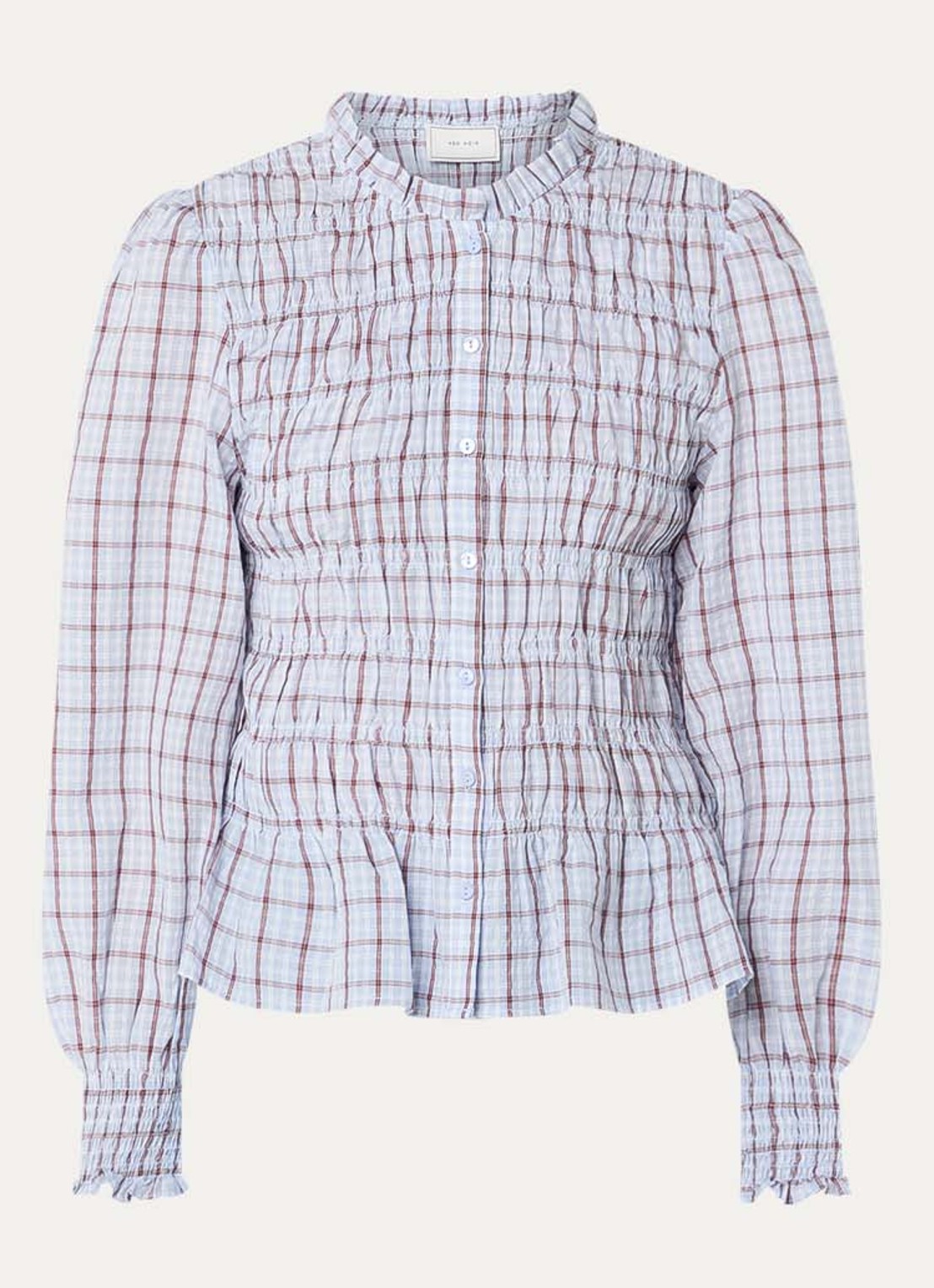 Neo Noir Mocca blouse met smockwerk en ruitdessin  - voorkant 3 lichtblauw