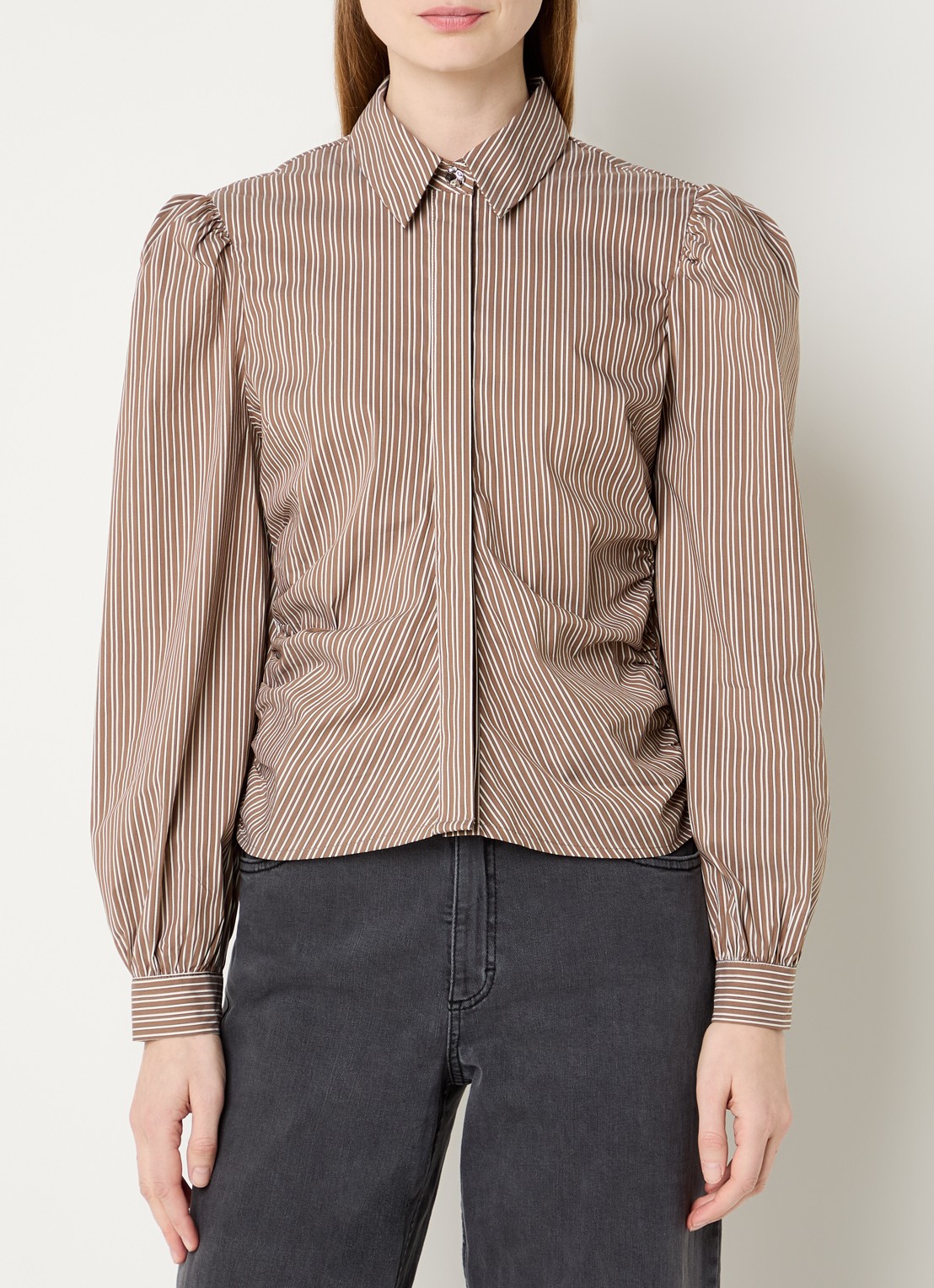 Neo Noir Ritta blouse met smockwerk en streepprint - detail 4 lichtbruin
