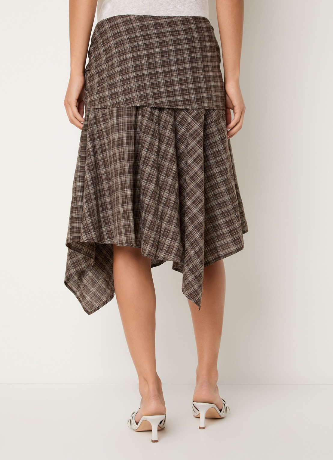 Neo Noir Sabella asymmetrische midi rok met ruitdessin en geknoopt detail - achterkant 2 lichtbruin