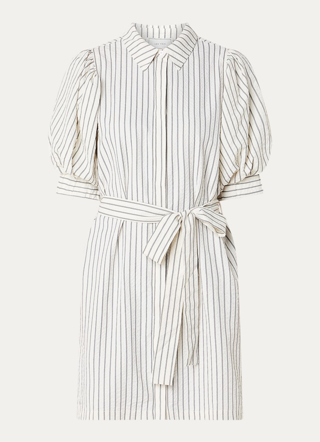 Neo Noir Serene mini blouse jurk met streepprint en strikceintuur  - voorkant 2 gebroken wit