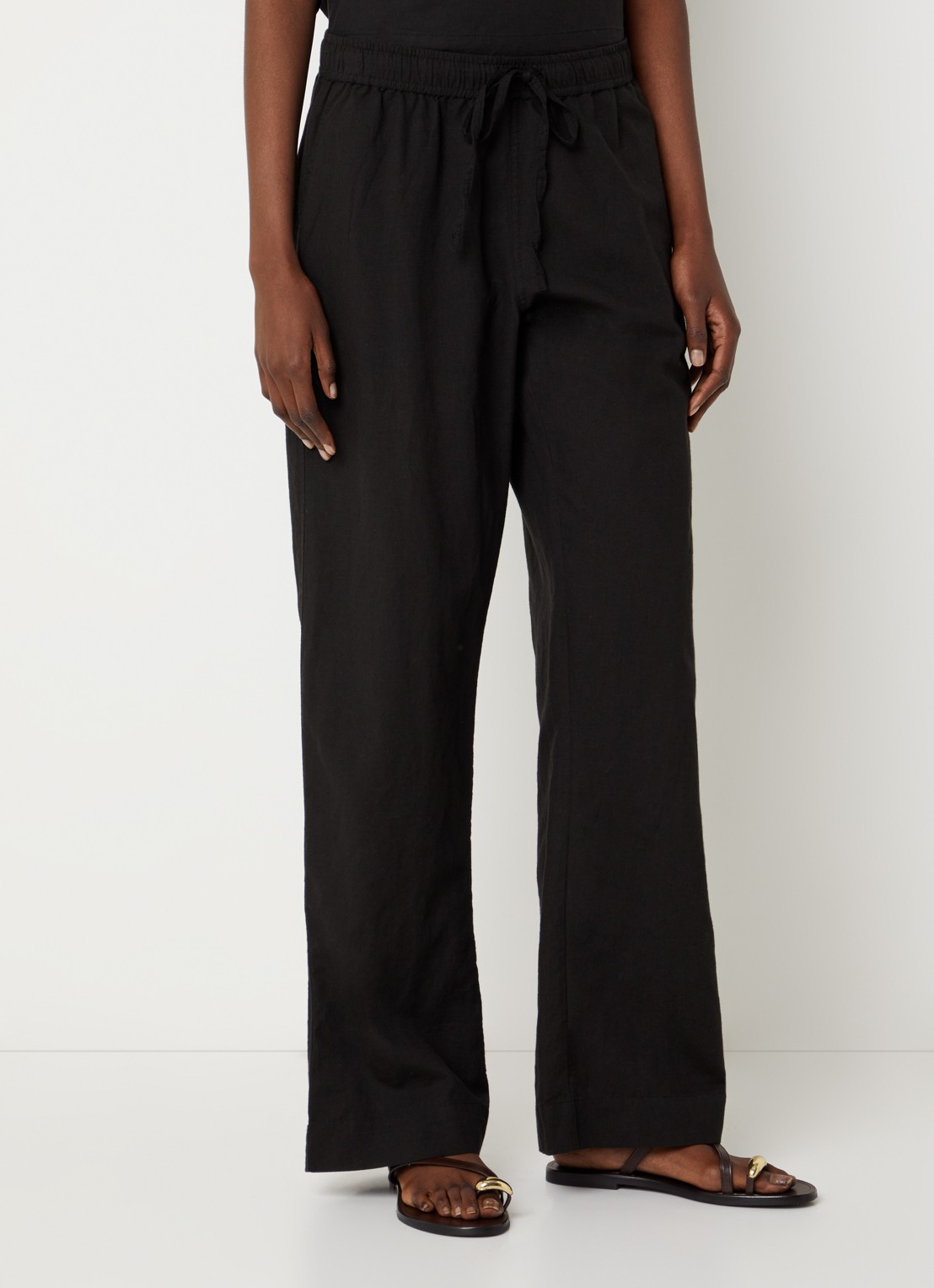 Neo Noir Sonar mid waist loose fit broek van linnen met steekzakken - detail 2 zwart