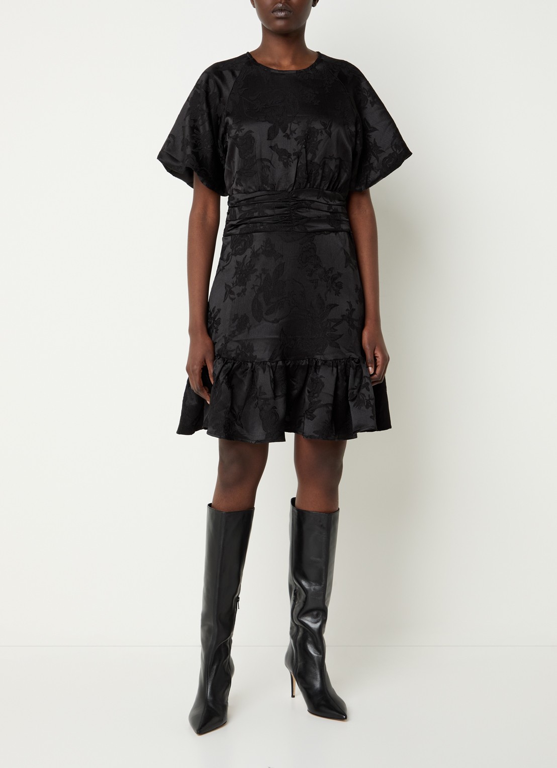 Neo Noir Sulli mini tuniekjurk met jacquard dessin en smockwerk - voorkant 4 zwart