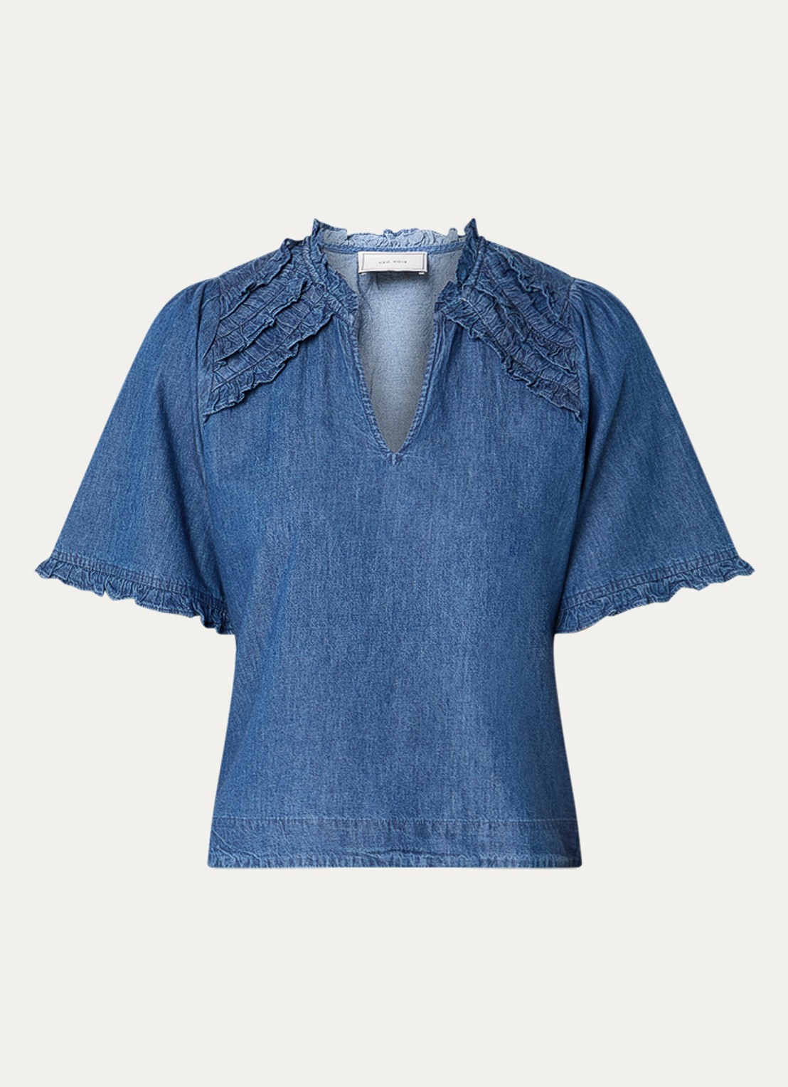 Neo Noir Wendia blouse van chambray met volant  - voorkant indigo