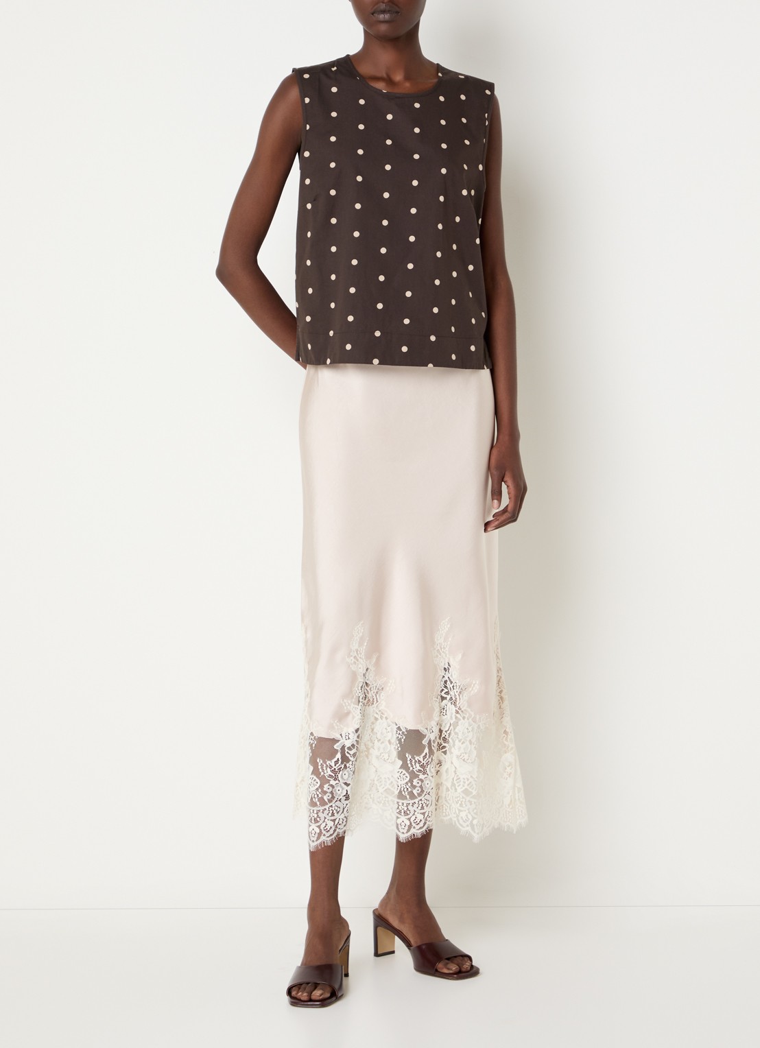 Neo Noir Yelina midi rok van satijn met details van kant - voorkant 3 creme
