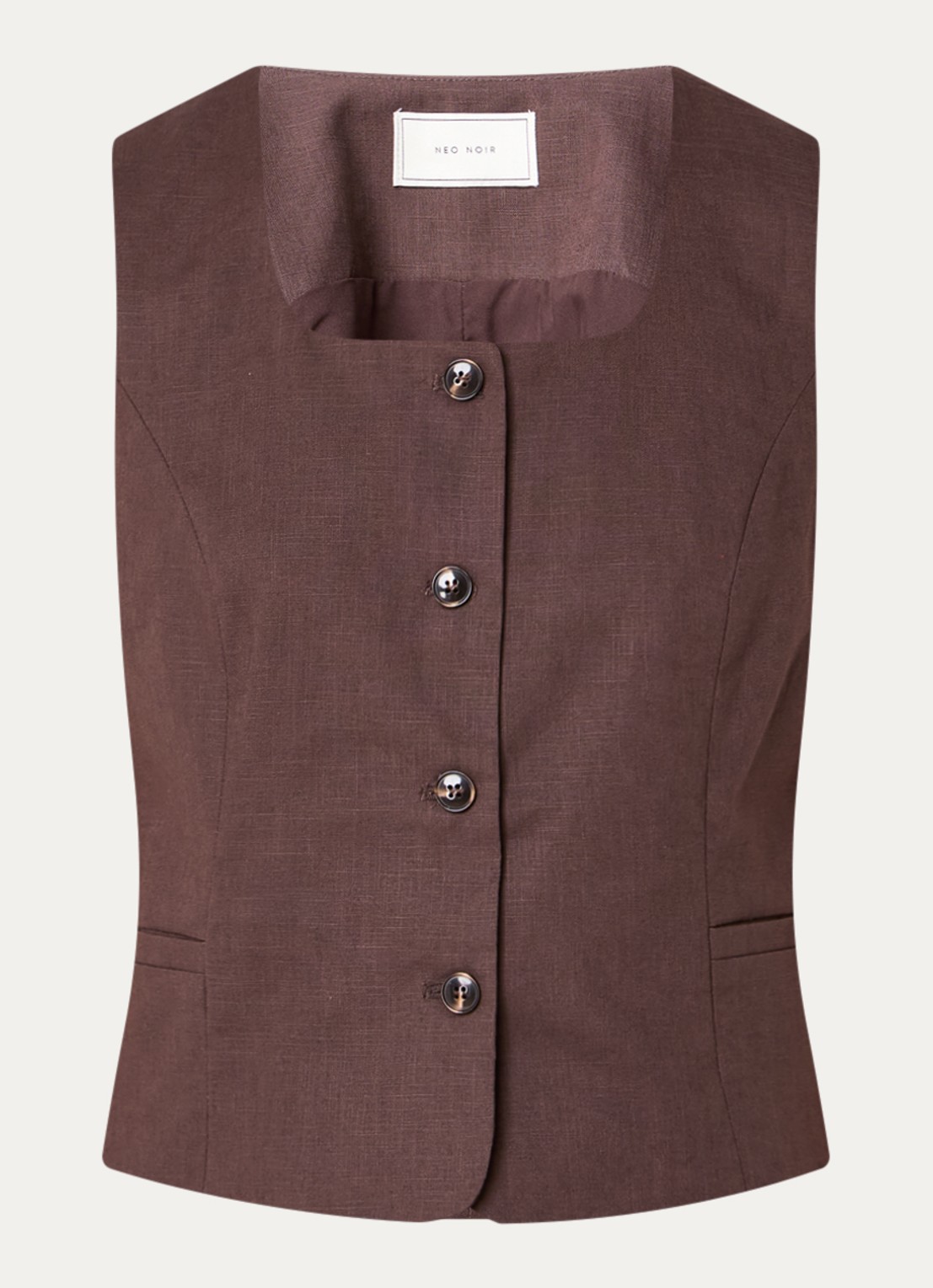 Neo Noir Yula gilet in linnenblend - voorkant donkerbruin