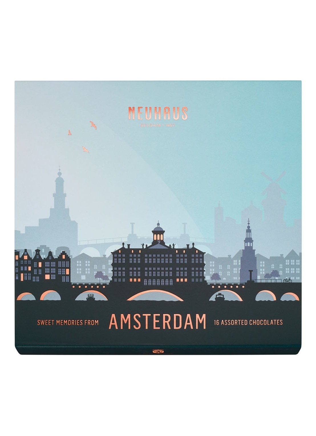 Neuhaus Amsterdam Souvenir Box bonbons 16 stuks - voorkant lichtblauw
