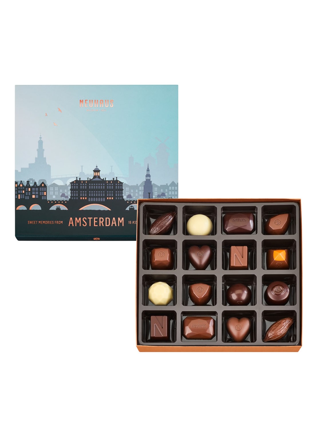 Neuhaus Amsterdam Souvenir Box bonbons 16 stuks - voorkant 2 lichtblauw