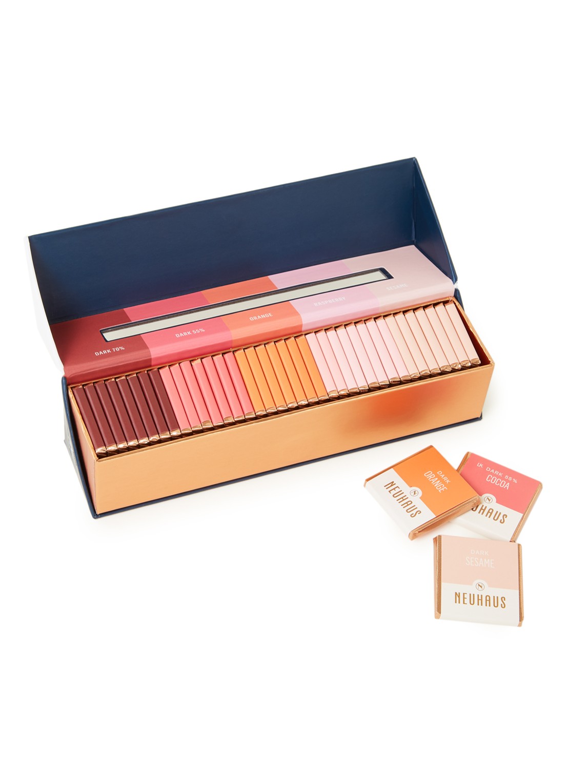Neuhaus Carre Pencil Box chocolade 40 stuks - voorkant donkerblauw