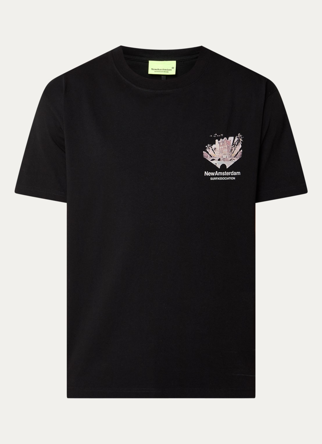 New Amsterdam Surf Association Tropical T-shirt met logo- en backprint - voorkant zwart