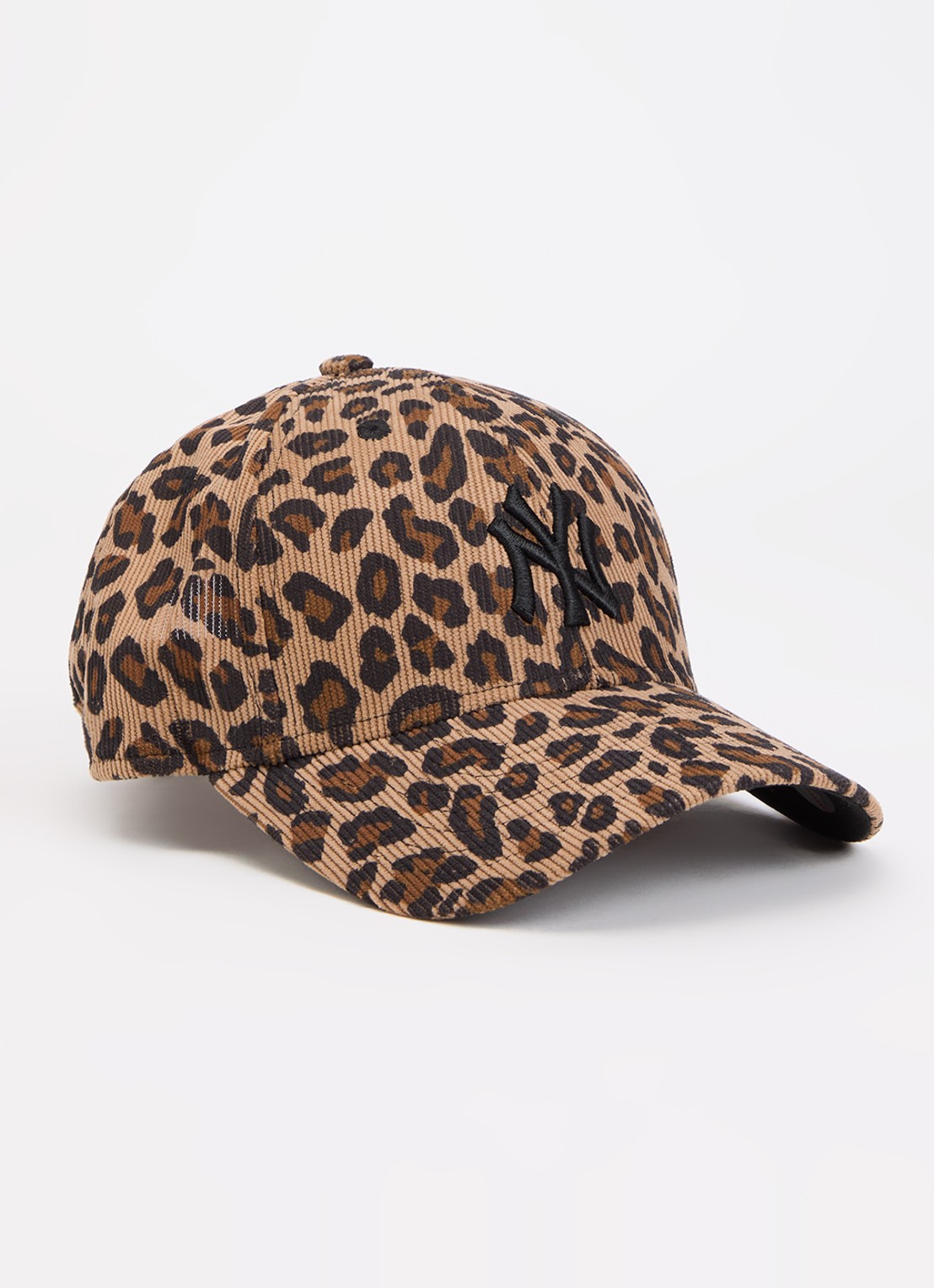 New Era Pet van corduroy met logoborduring en panterprint - voorkant bruin
