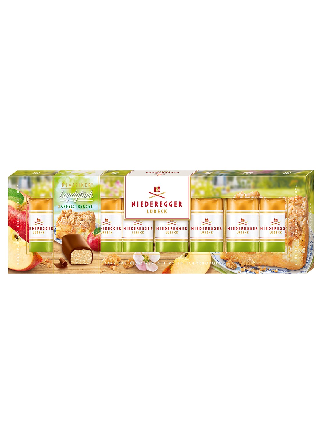 Niederegger Marsepein Appel Kruimel chocolade bonbons 8 stuks - voorkant undefined