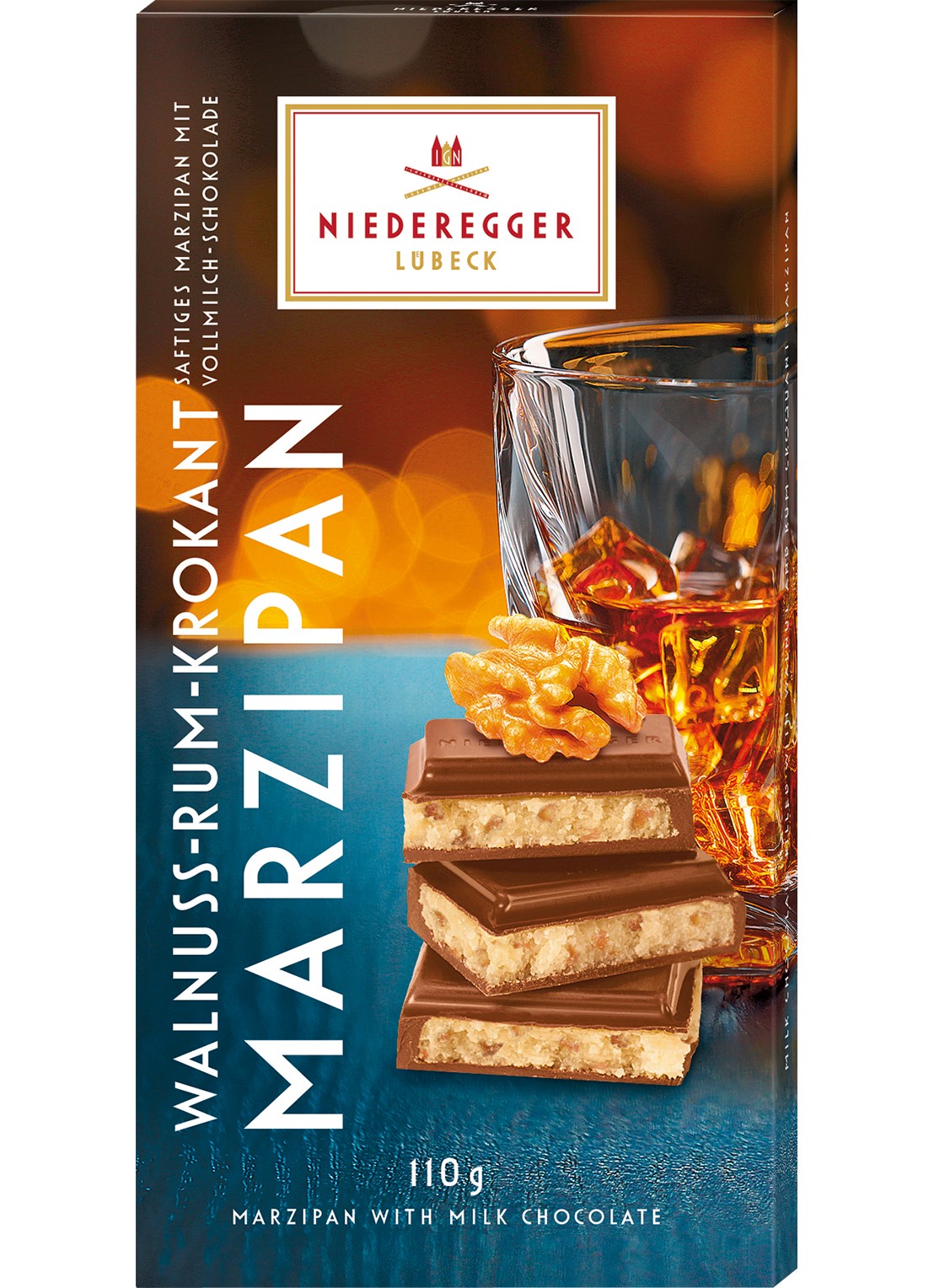 Niederegger Melk chocoladereep met walnoot-rum-krokant marsepein vulling 110 gram - voorkant undefined
