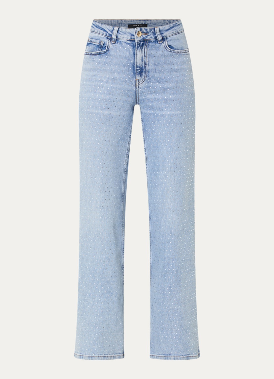 NIKKIE Abigail mid waist straight leg jeans met lichte wassing en strass - voorkant indigo