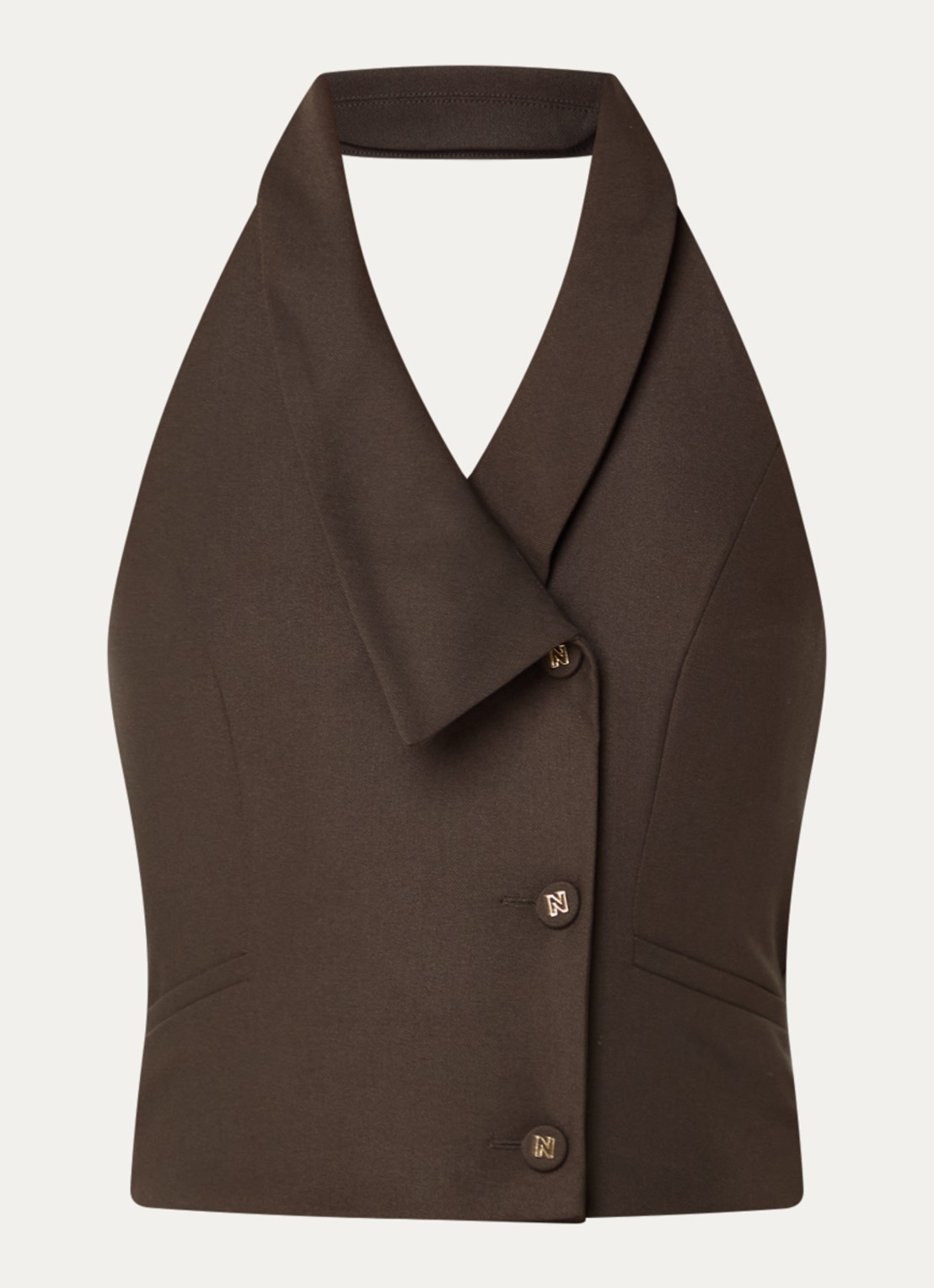 NIKKIE Alani mouwloze blazer met paspelzakken - voorkant bronsgroen