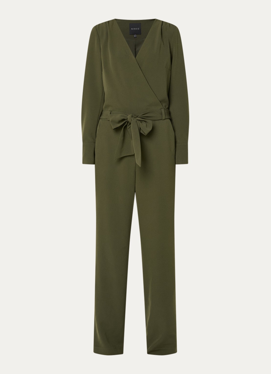 NIKKIE Amine loose fit jumpsuit met strikceintuur - voorkant 3 groen