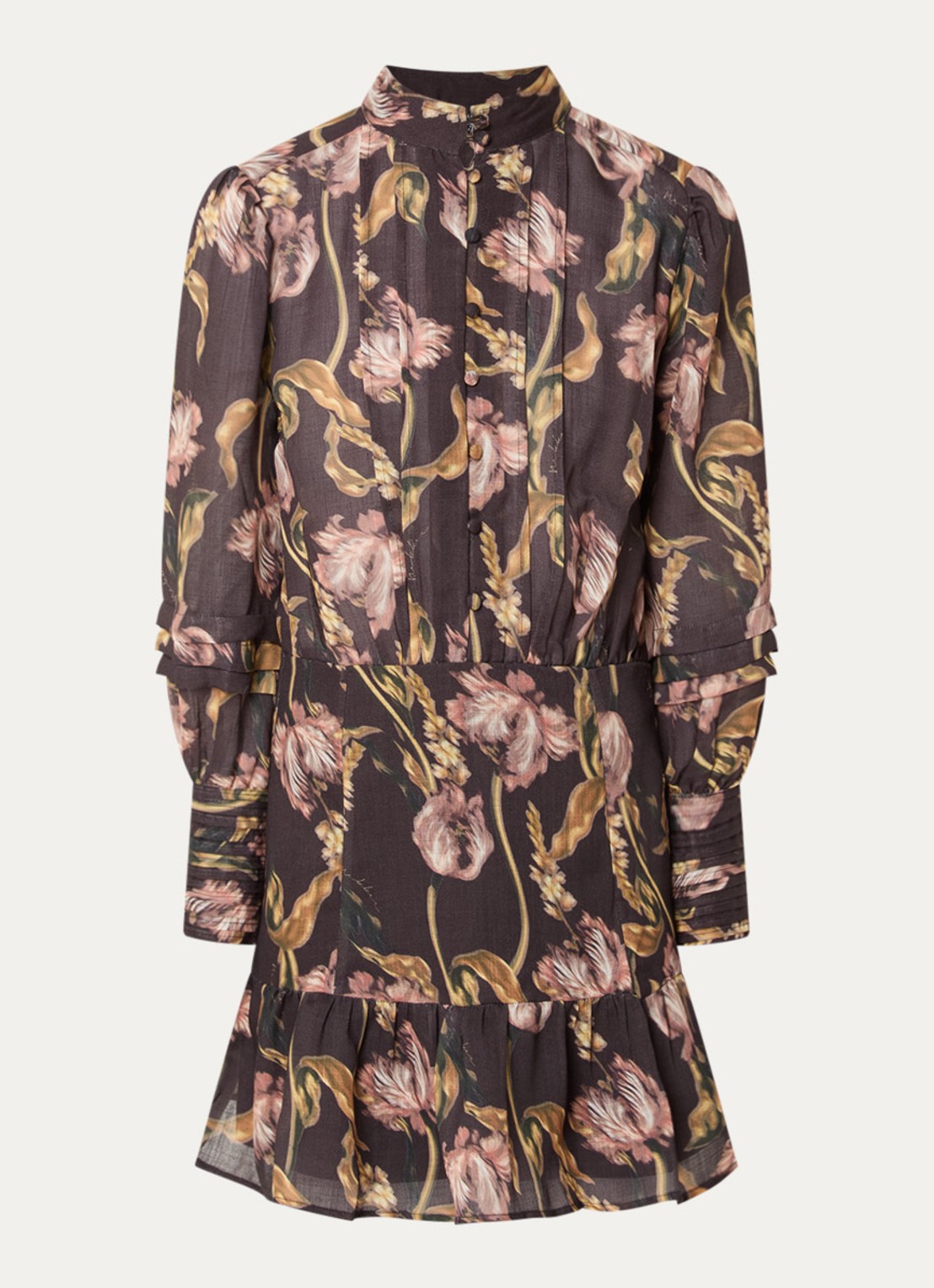 NIKKIE Apillone mini blouse jurk met boemenprint en volant - voorkant chocoladebruin