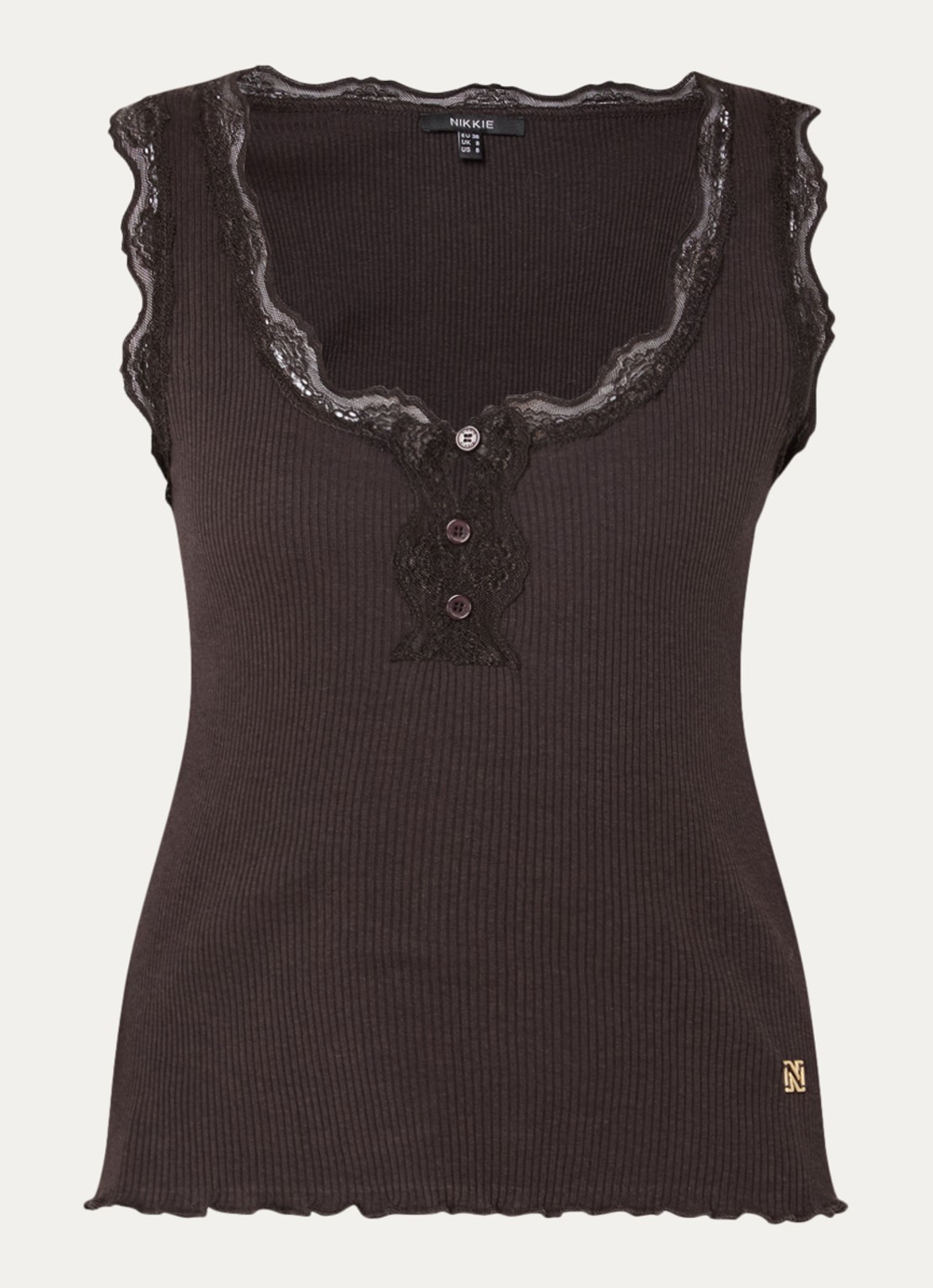 NIKKIE Arlynn tanktop met ribstructuur en details van kant - voorkant 2 chocoladebruin