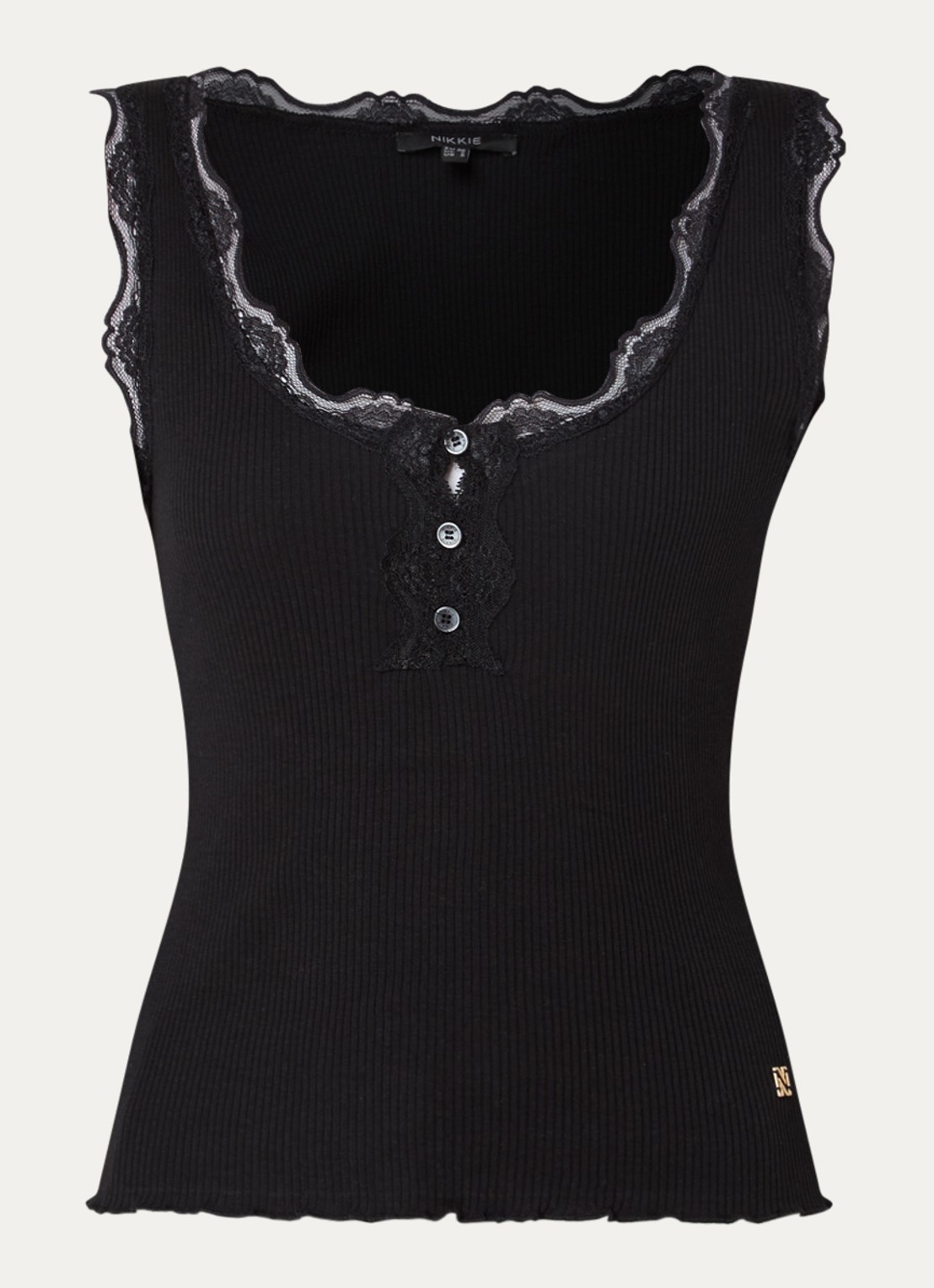NIKKIE Arlynn tanktop met ribstructuur en details van kant - voorkant 2 zwart