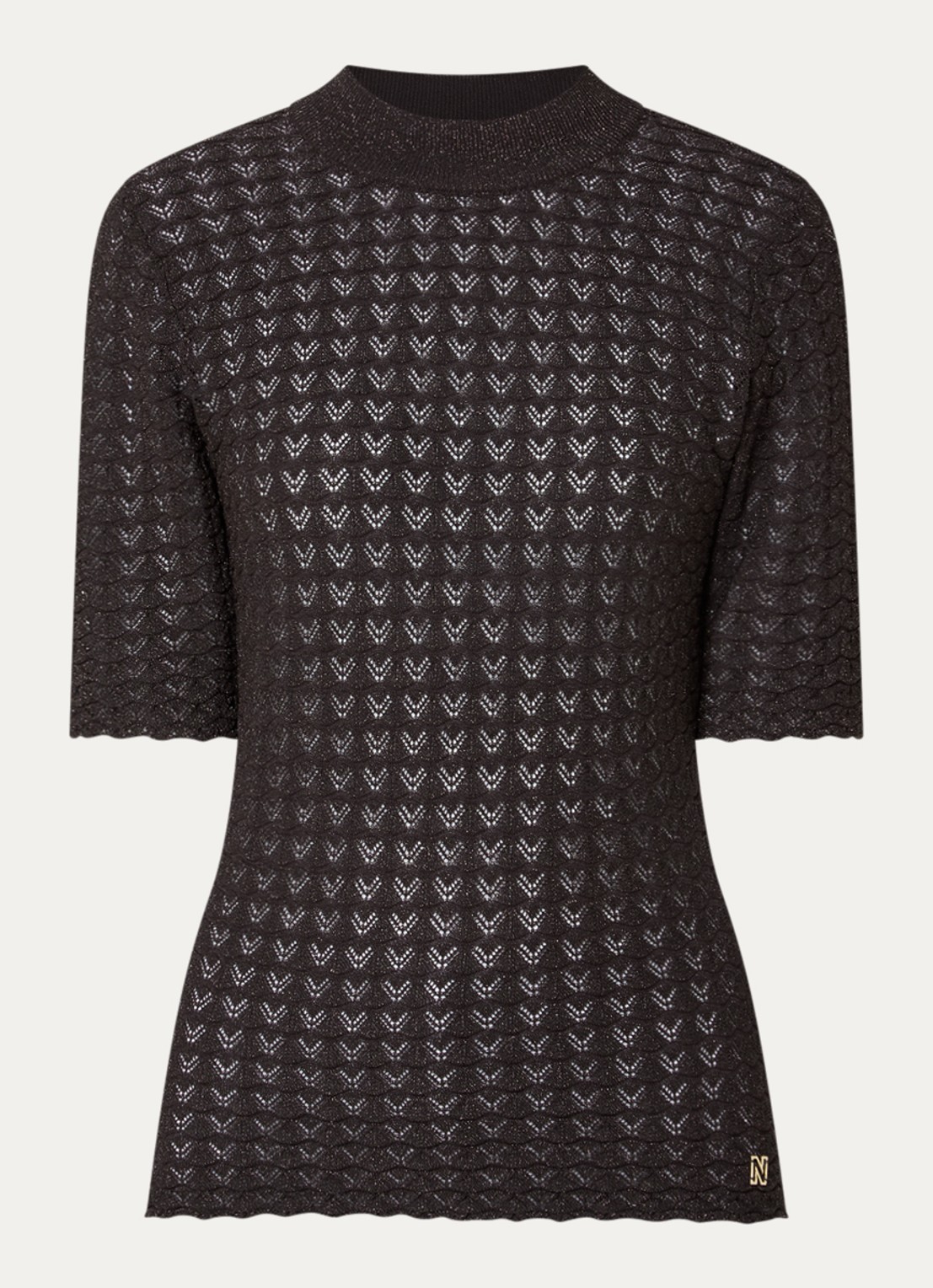 NIKKIE Arvella top met opengewerkt dessin en lurex - voorkant 3 chocoladebruin
